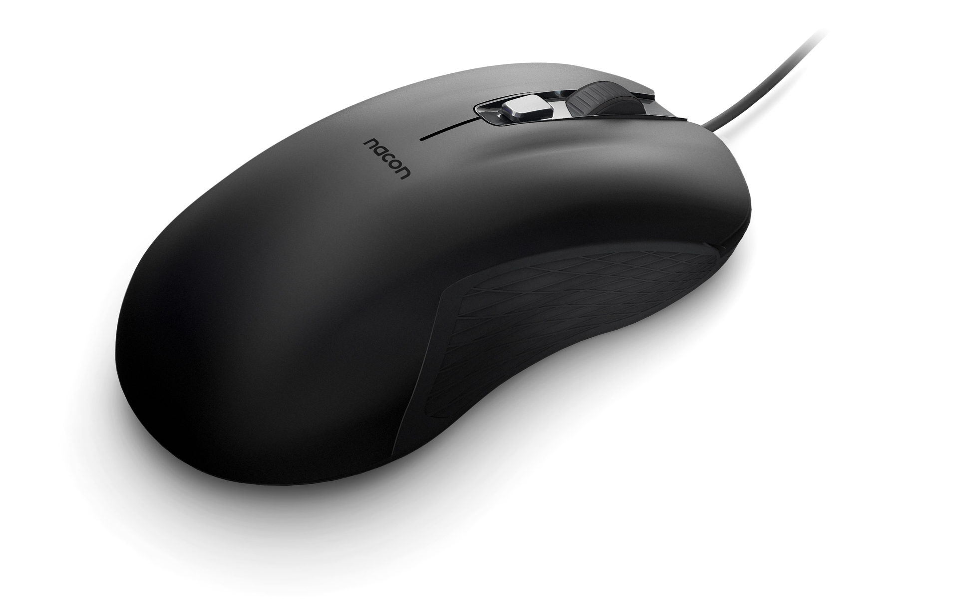 Czarna mysz komputerowa z kablem. Marka 'nacon' jest z boku. Białe tło.