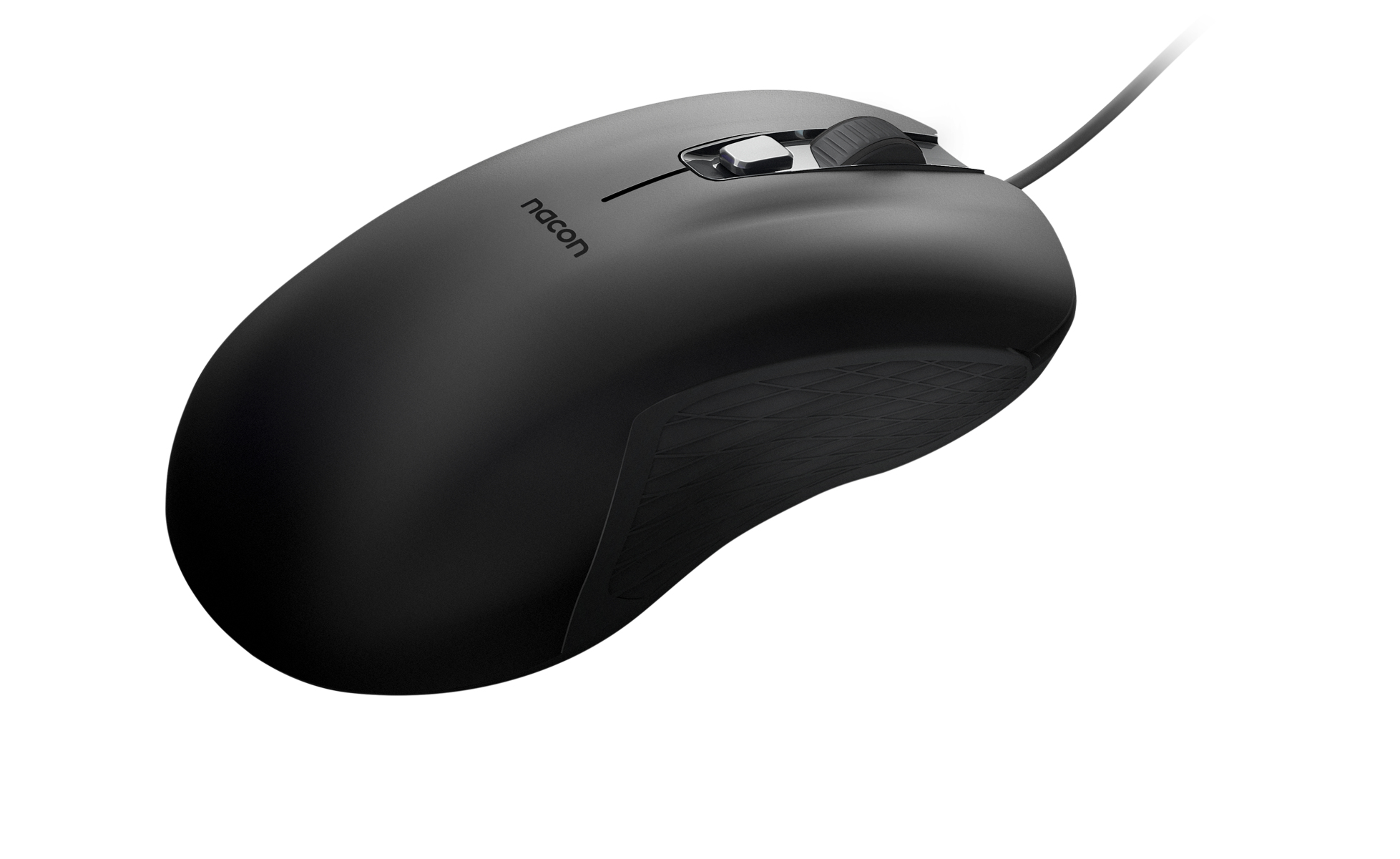 Czarna mysz gamingowa z logo Nacon, pod kątem, na białym tle.