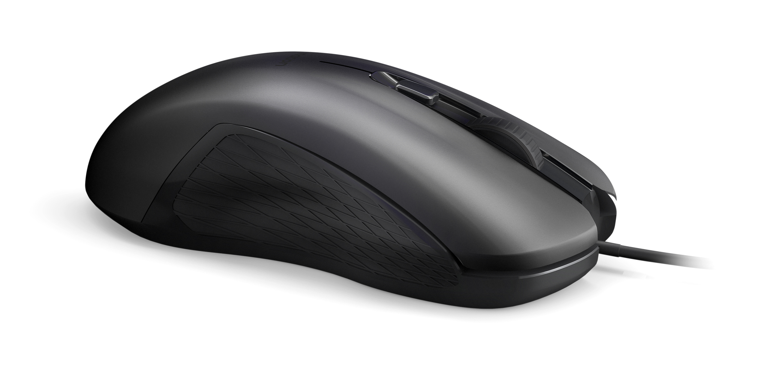 Czarna mysz z teksturowanym uchwytem i kablem. Mysz na białym tle ma elegancki design.