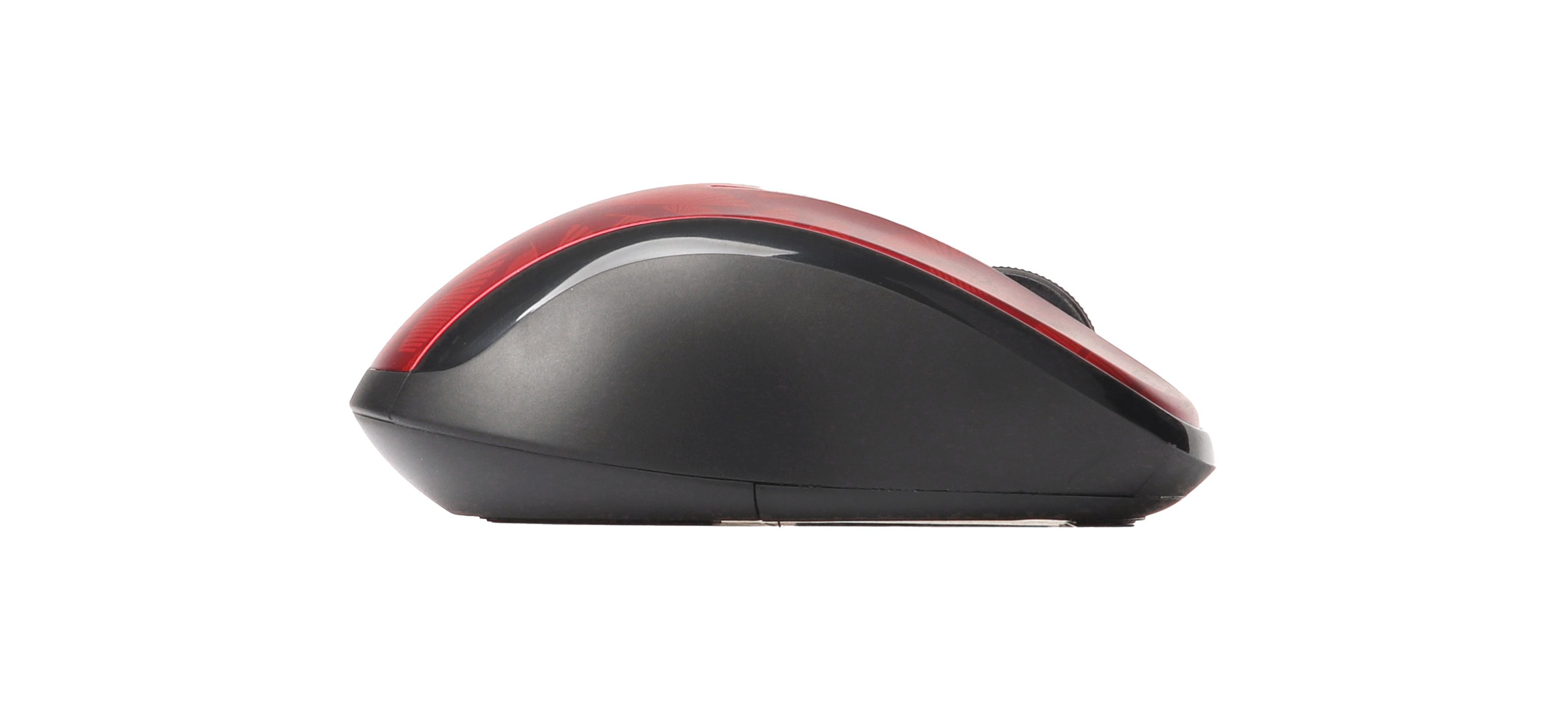 Widok z boku czarno-czerwonej myszy komputerowej na białym tle.