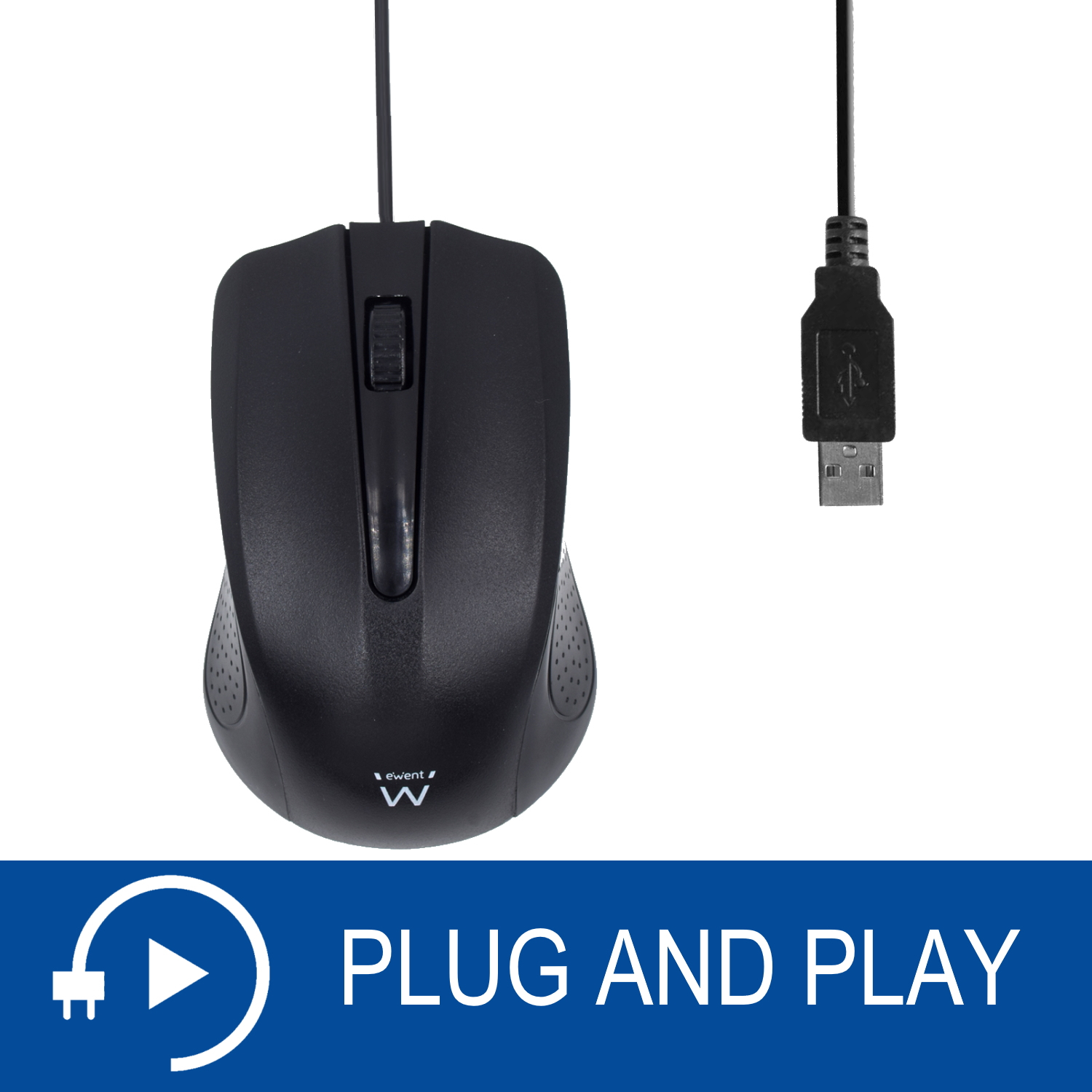 Un ratón negro con cable USB y las palabras 'Plug and Play' sobre fondo blanco.