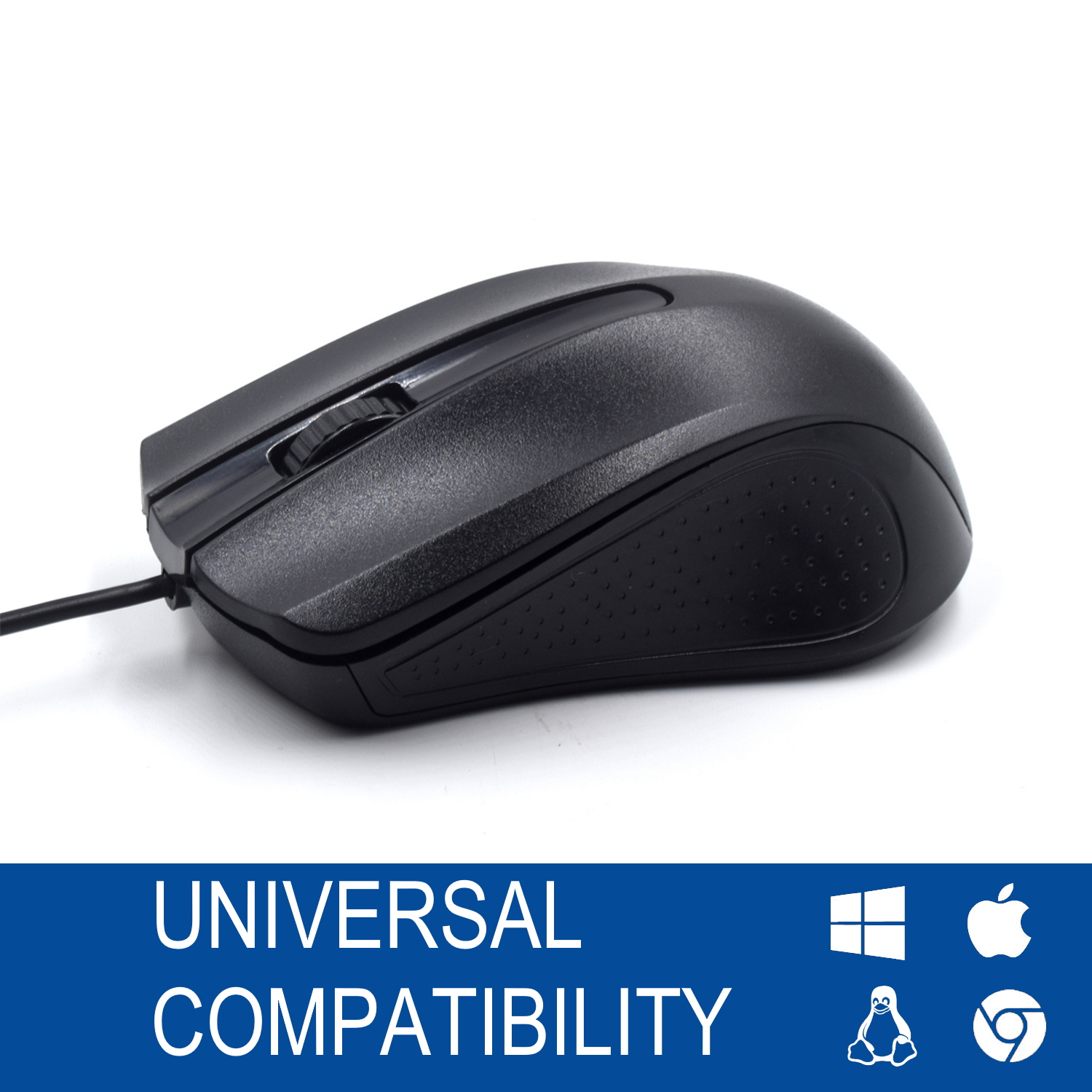 Ratón negro. Texto: "COMPATIBILIDAD UNIVERSAL". Iconos de Windows, Apple, Linux y ChromeOS presentes.
