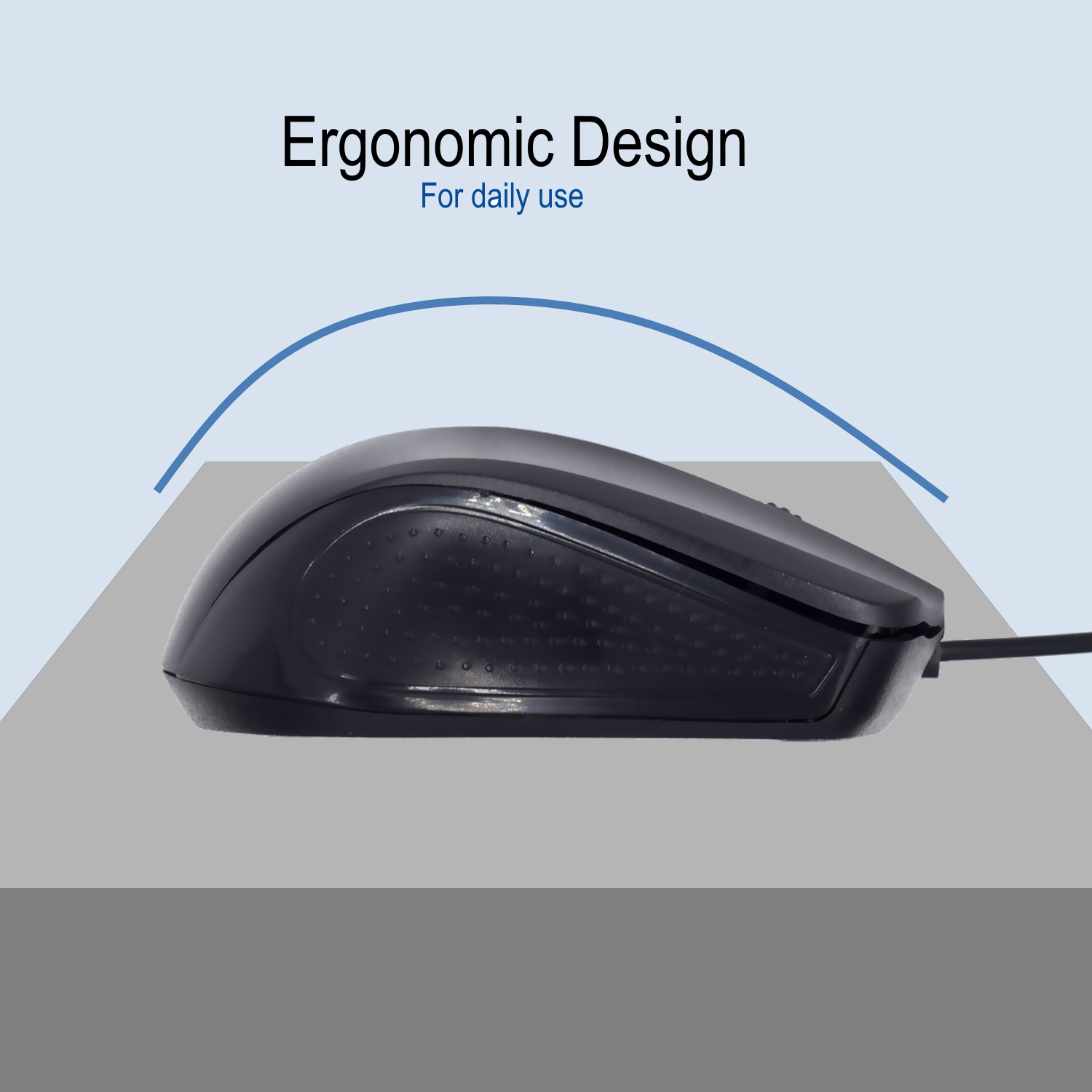 Ratón de ordenador ergonómico negro con diseño curvo. El texto 'Diseño ergonómico' es visible.