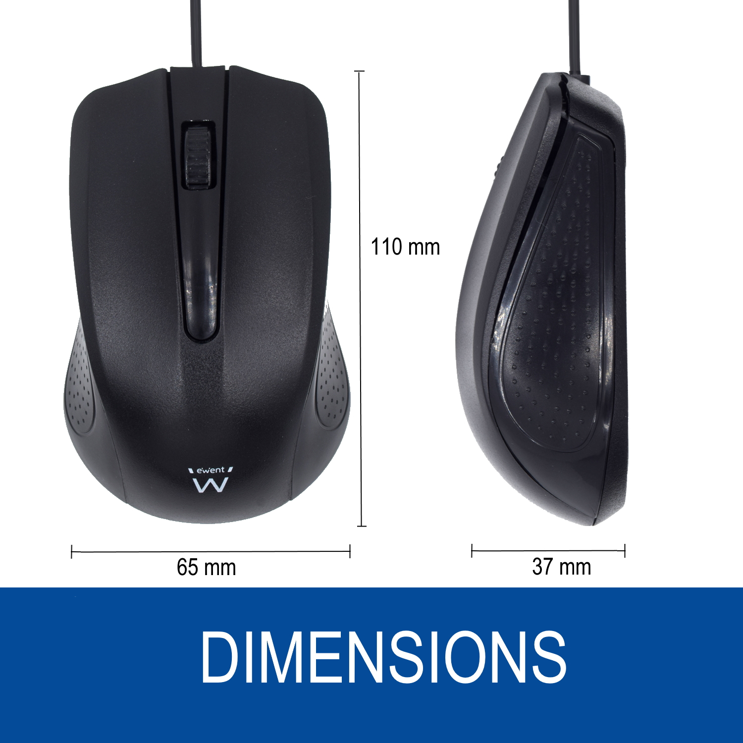 Dos vistas de un ratón negro. Las dimensiones están marcadas en la imagen.