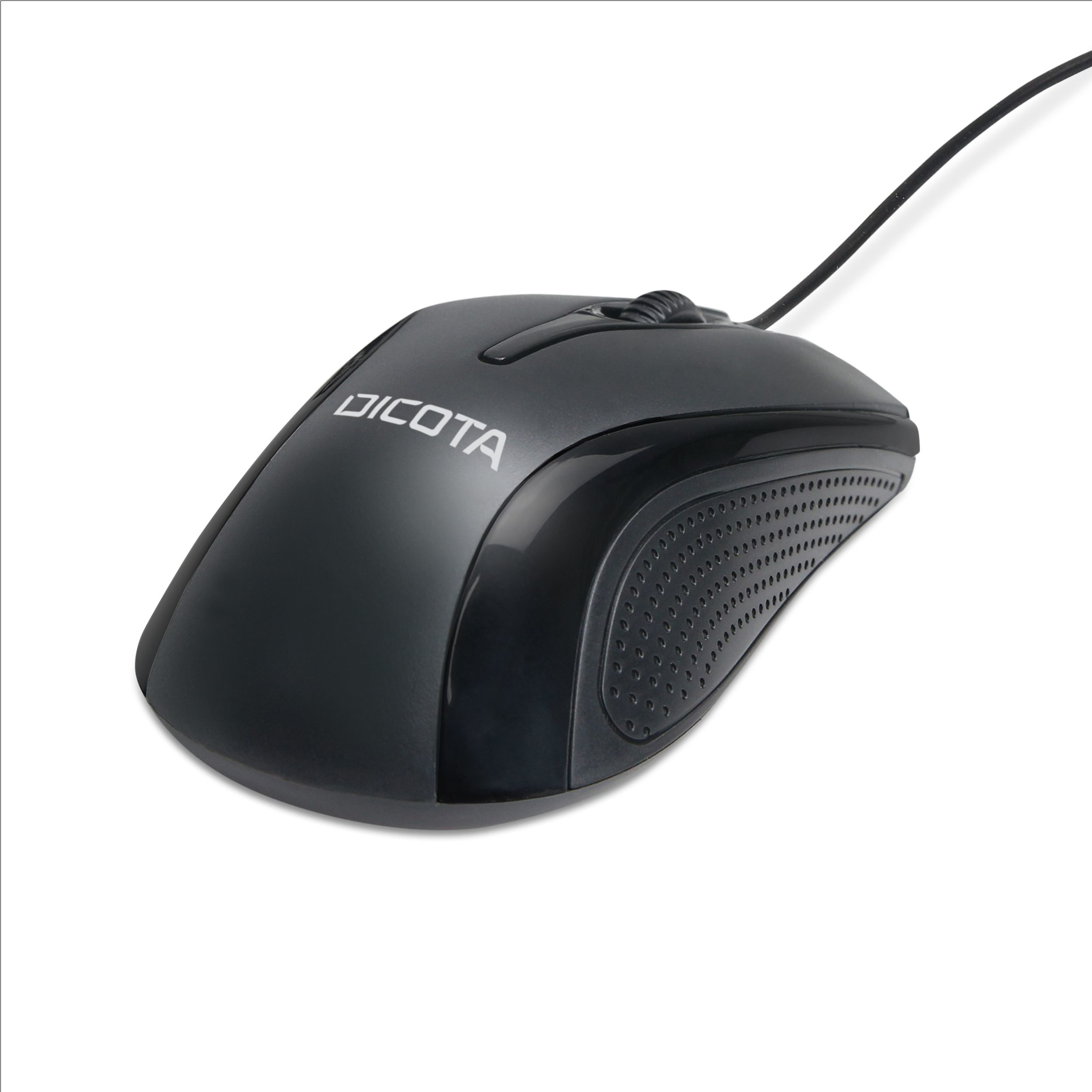 Mouse cablato nero con logo DICOTA. Impugnatura in gomma, design ergonomico.