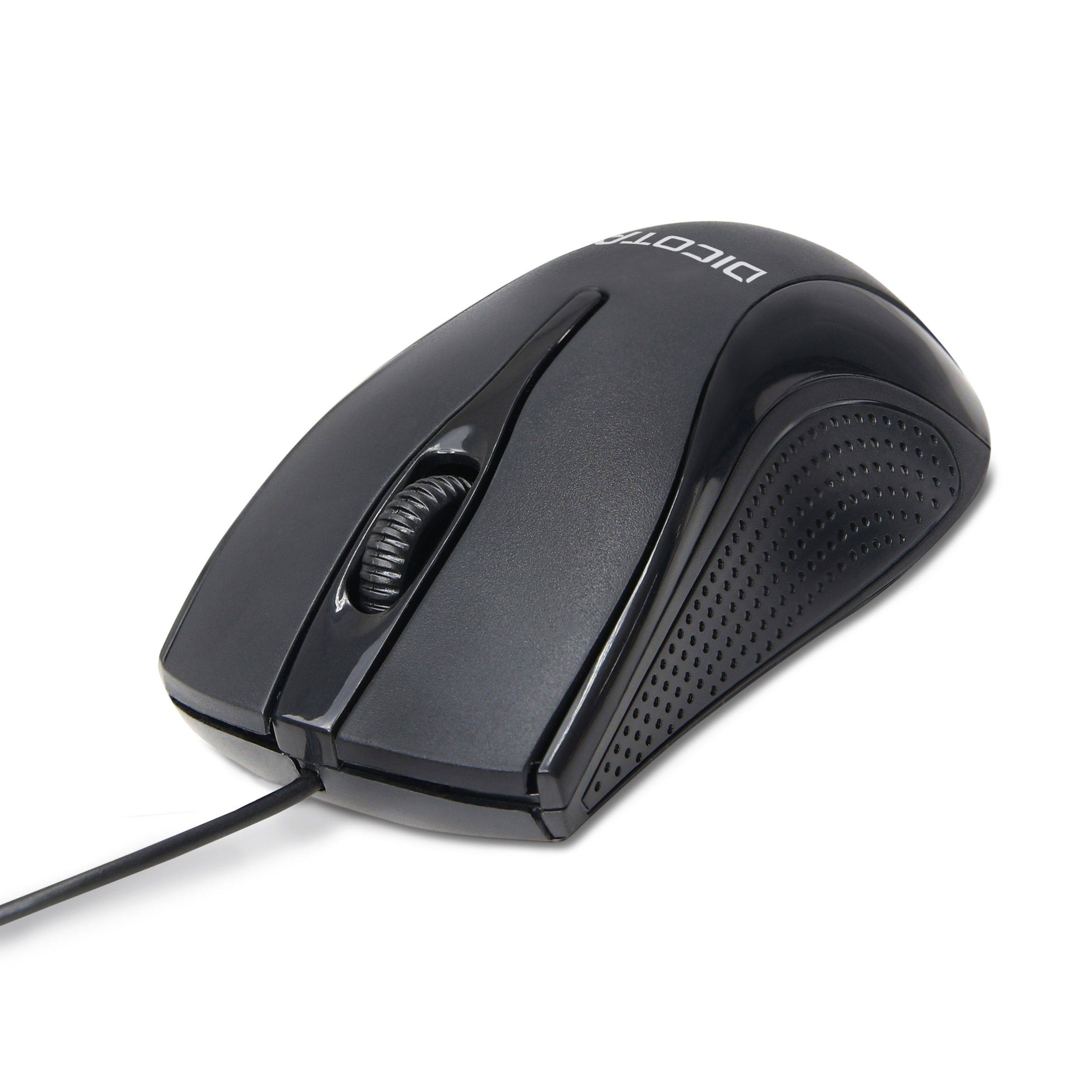 Mouse per computer nero con rotella e due pulsanti, collegato a un cavo, su bianco.