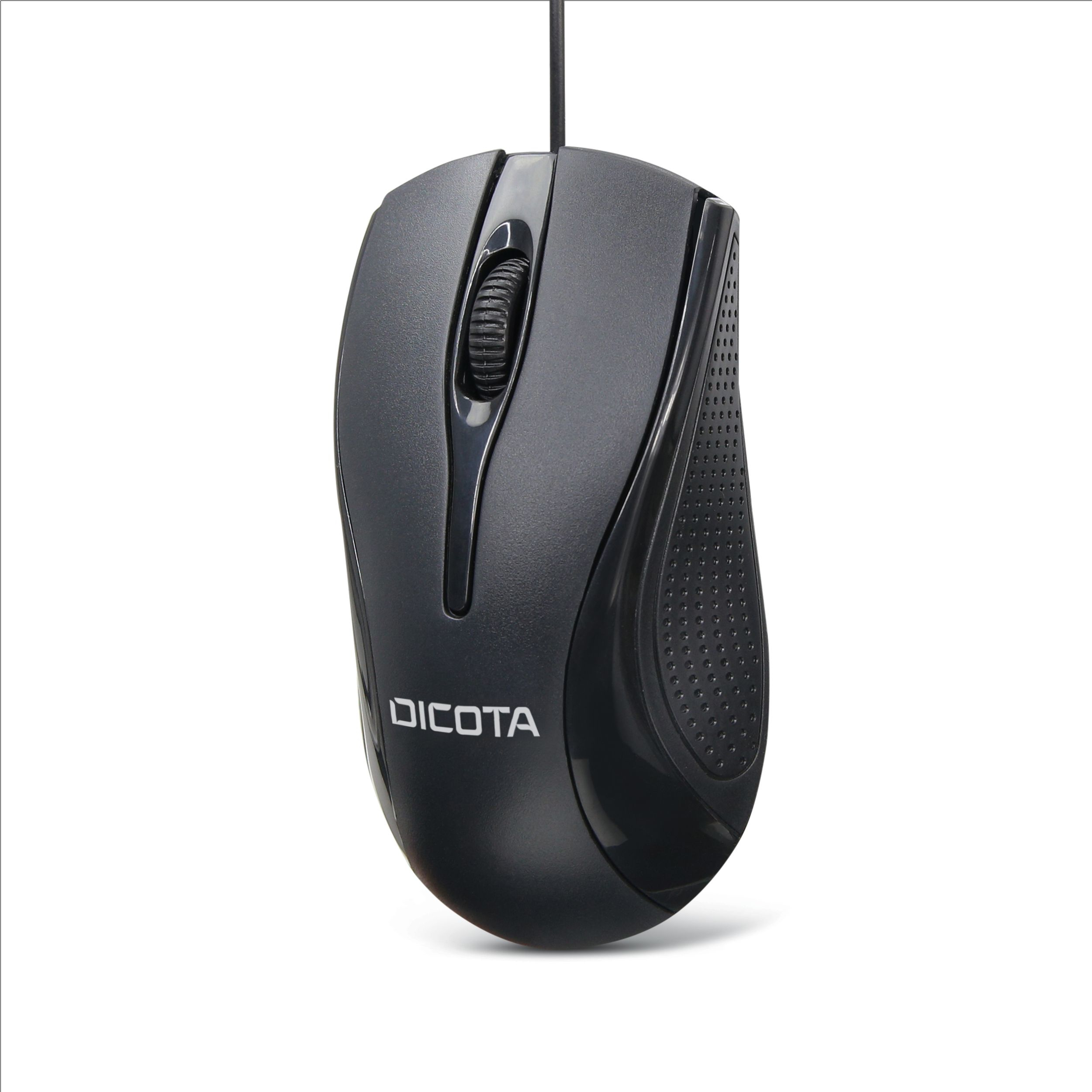 Mouse nero su sfondo bianco, cavo che pende. Logo Dicota, rotella e design nero.