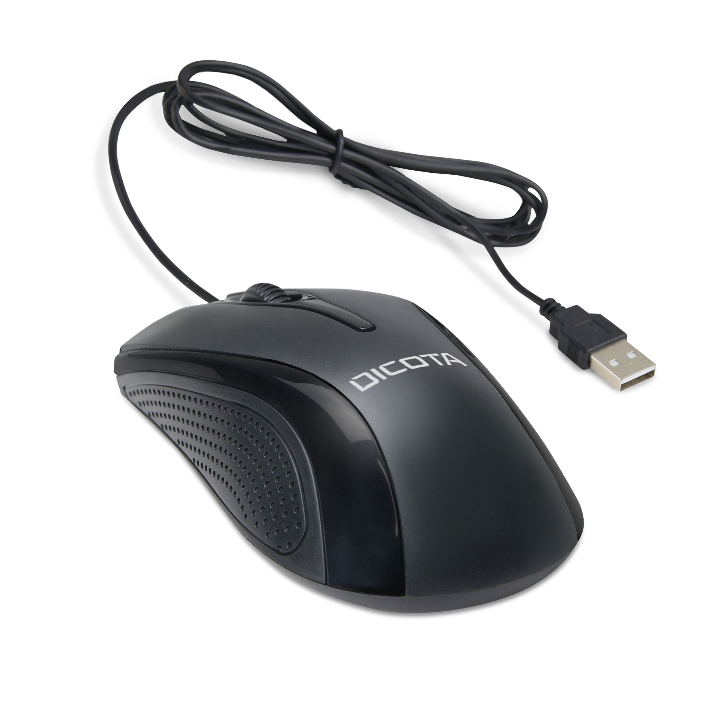 Mouse nero cablato con il logo "DICOTA". Il mouse ha un connettore USB. Sfondo bianco.