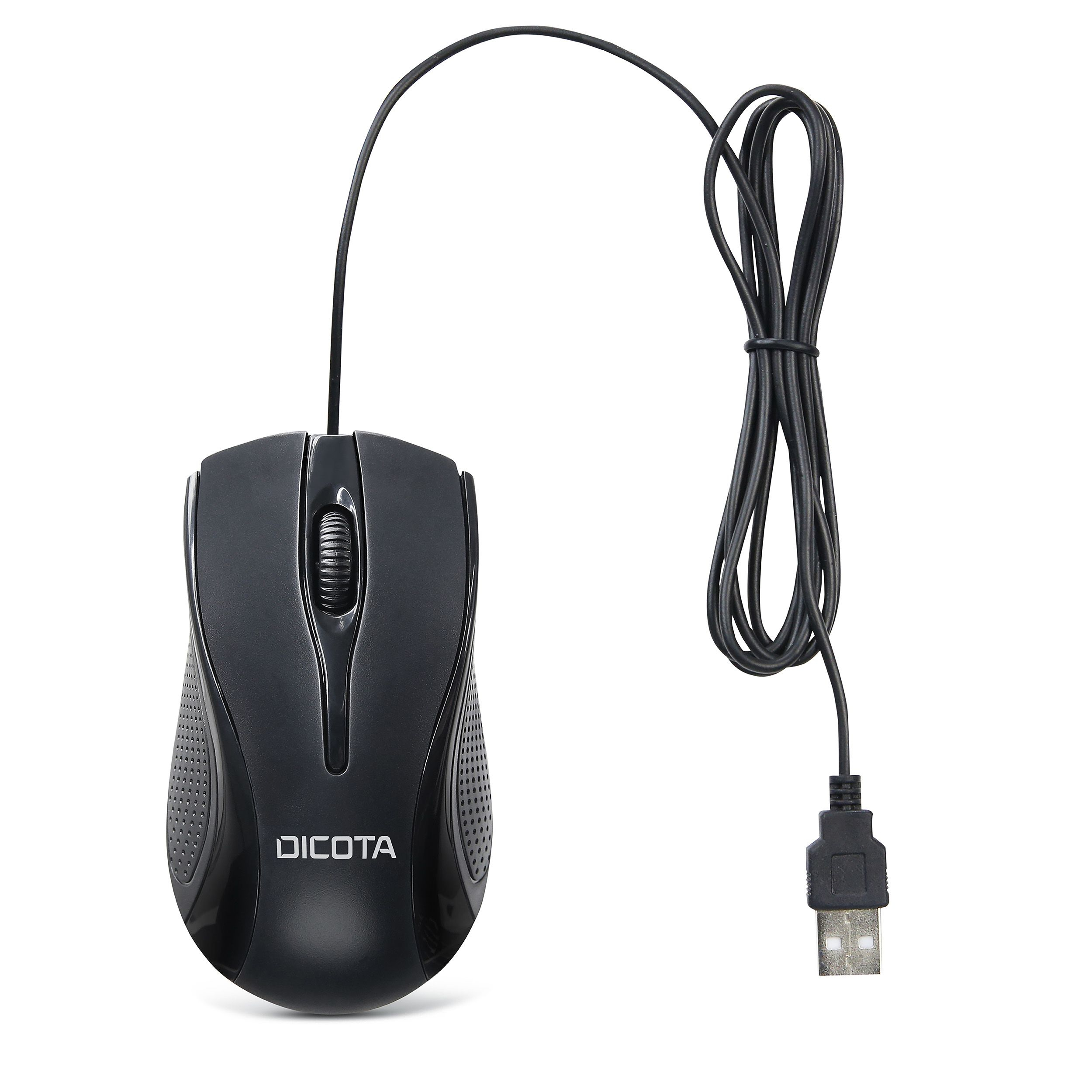 Mouse nero con cavo e logo DICOTA, vista dall'alto su sfondo bianco.
