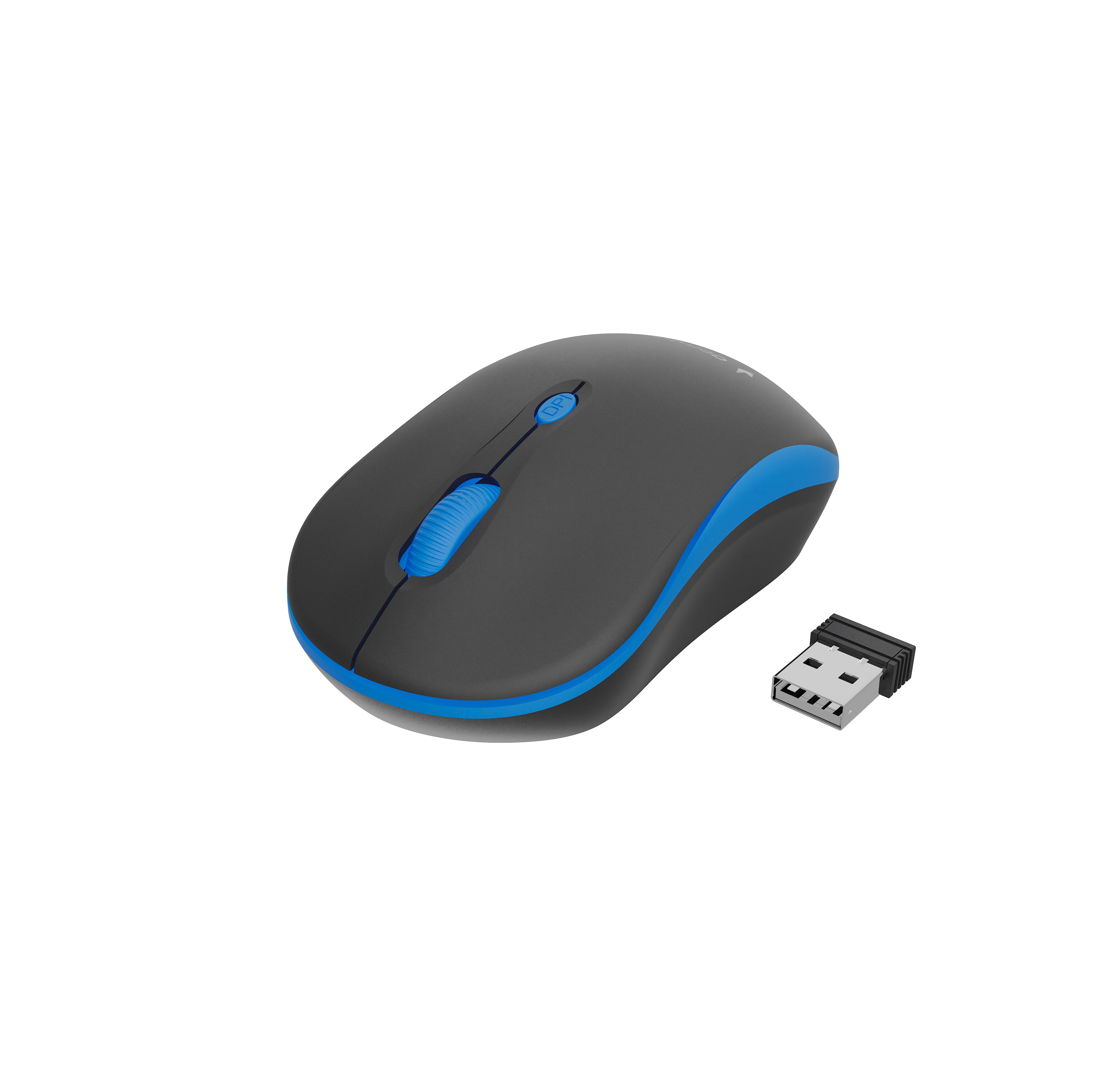 Mouse wireless nero e blu con ricevitore USB.