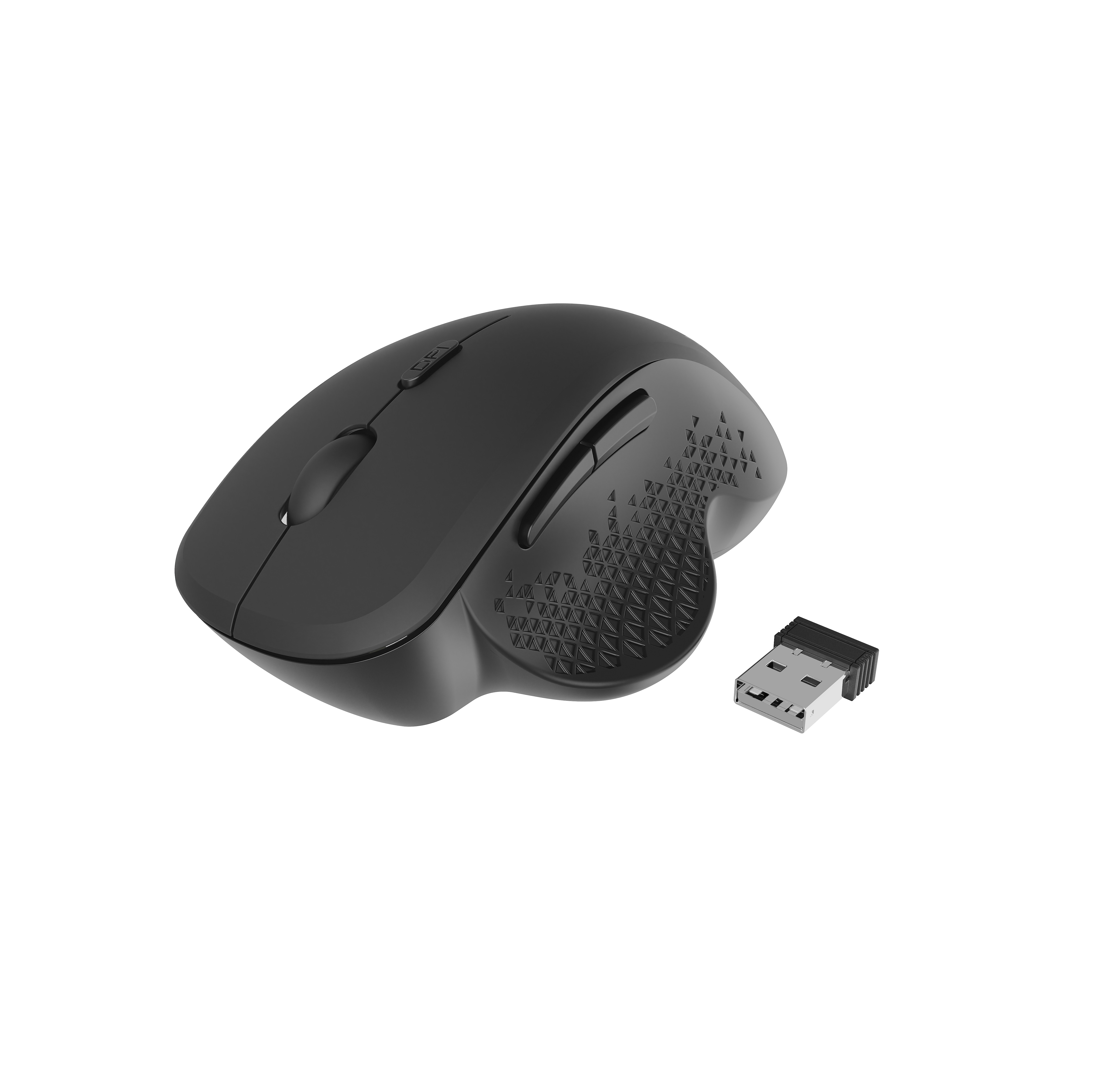 Mouse nero con ricevitore USB, con impugnatura strutturata sul lato. Sfondo bianco.