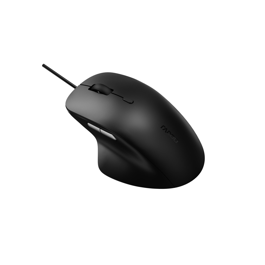 Ratón ergonómico negro con logo Rapoo. Diseño elegante, cable largo.
