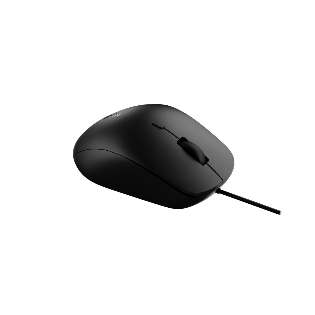 Ratón negro con diseño simple y cable. El ratón tiene fondo blanco. Vista lateral.