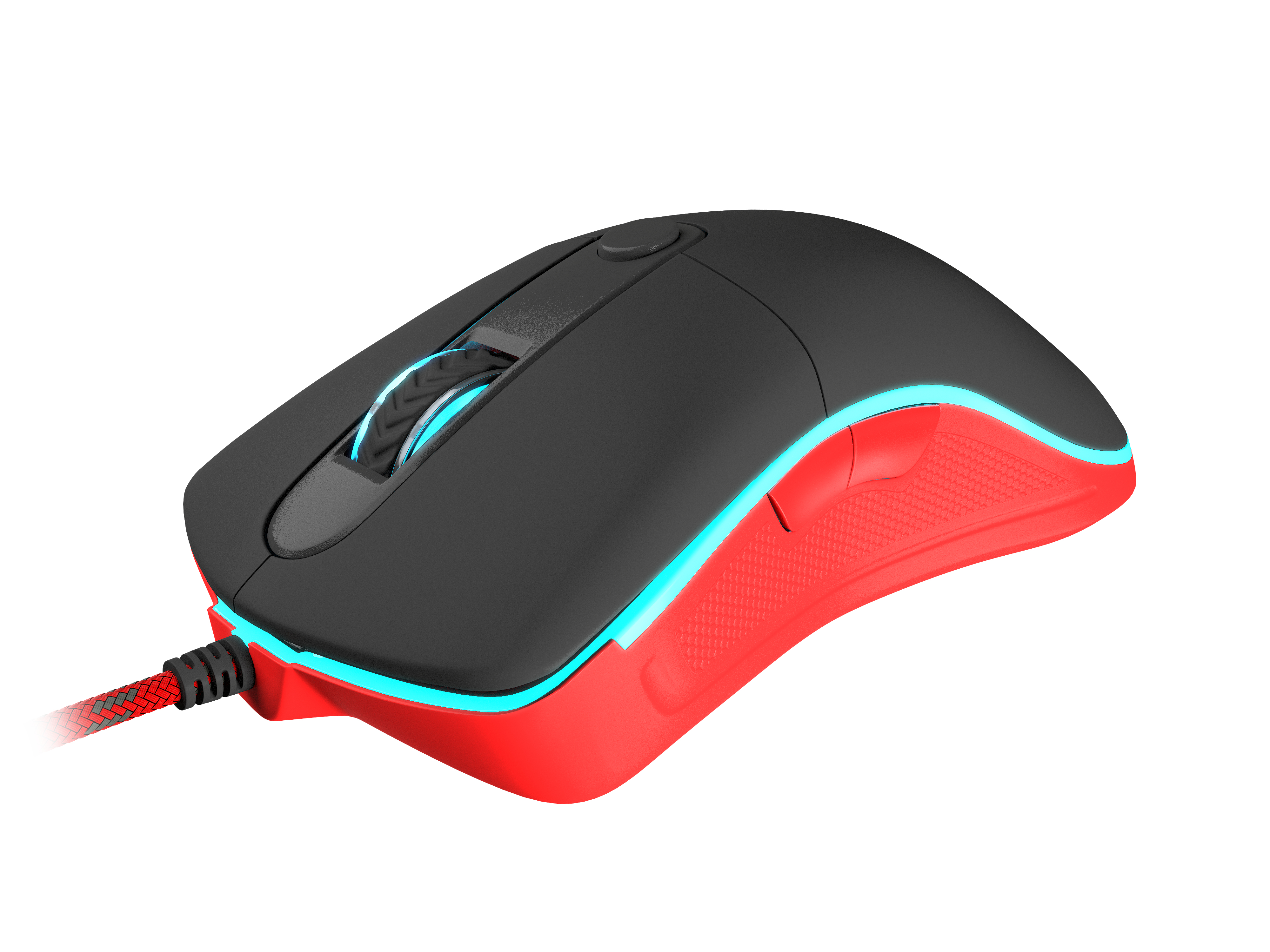 Czerwona i czarna mysz do gier. Ma kabel i logo Genesis. Białe tło.