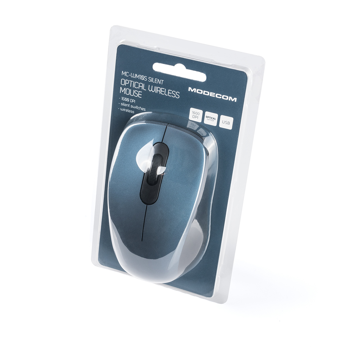 Niebieska mysz bezprzewodowa w opakowaniu. Marka to MODECOM. Białe tło.