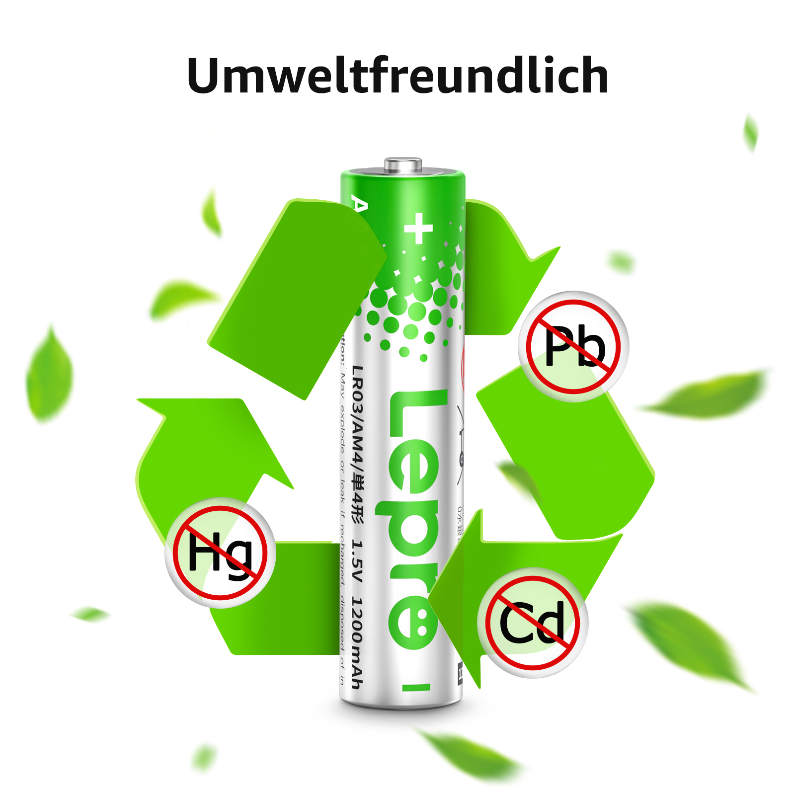 Batterie mit Recycling-Zeichen und Text: umweltfreundlich. Symbole zeigen kein Hg, Pb oder Cd.