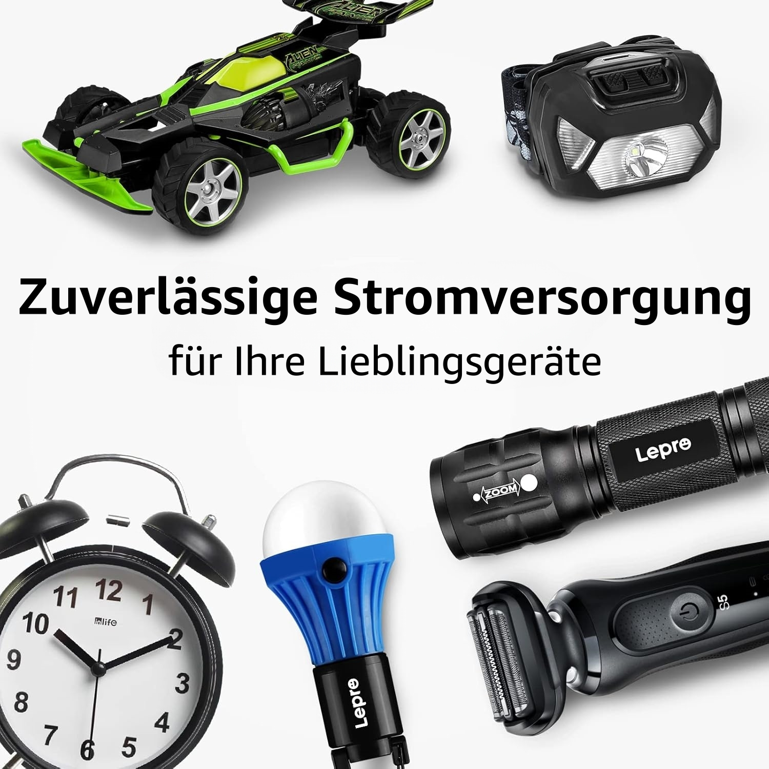 Verschiedene elektronische Geräte: ein Spielzeugauto, eine Stirnlampe, ein Wecker, eine Glühbirne, eine Taschenlampe und ein Rasierer.