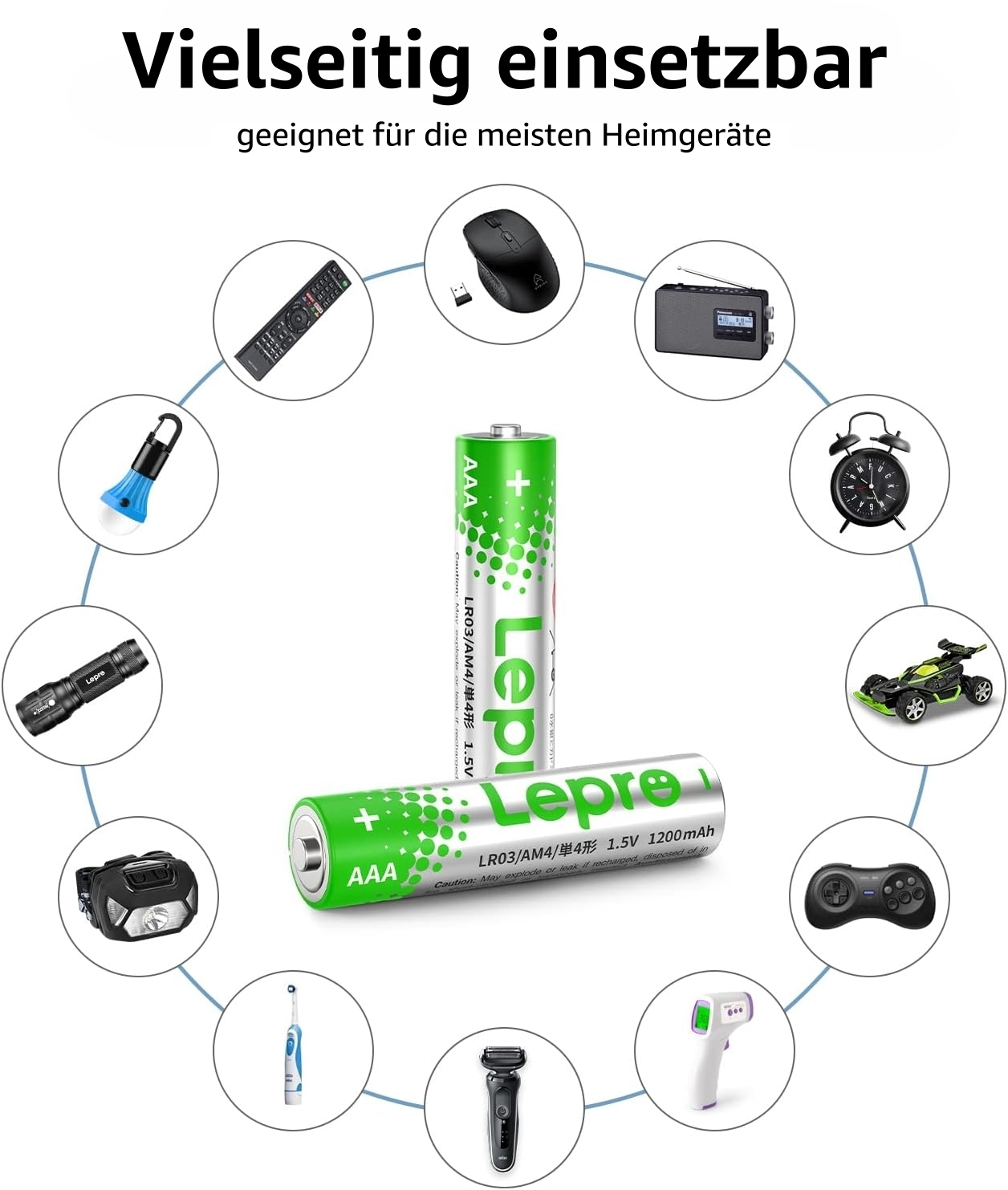 Verschiedene kleine Elektronikartikel und Batterien sind in einem Kreis um zwei AA-Batterien angeordnet.