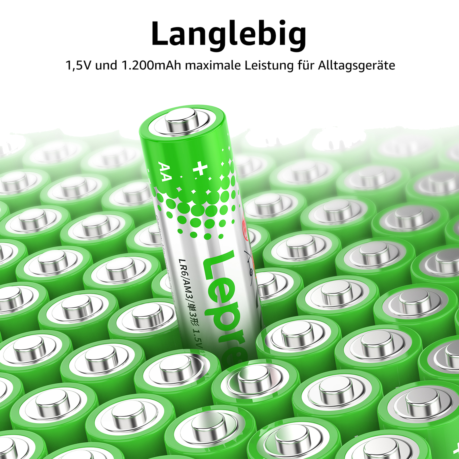 Grüne Batterien gestapelt. Eine Batterie steht mit dem Text 'LePro'.