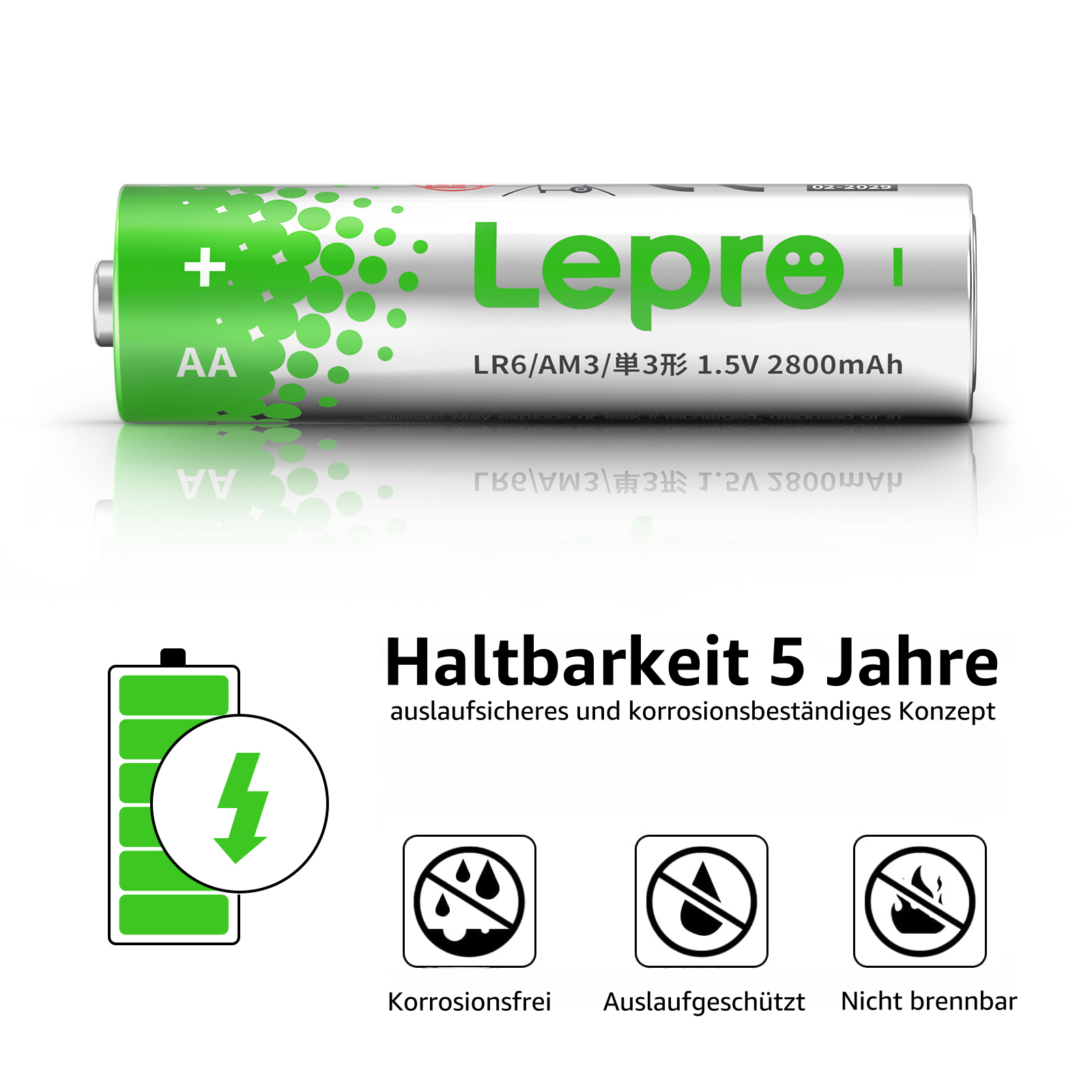 Eine grüne und weiße AA-Batterie mit Text. Zeigt die Eigenschaften der Batterie und die Marke LePro.