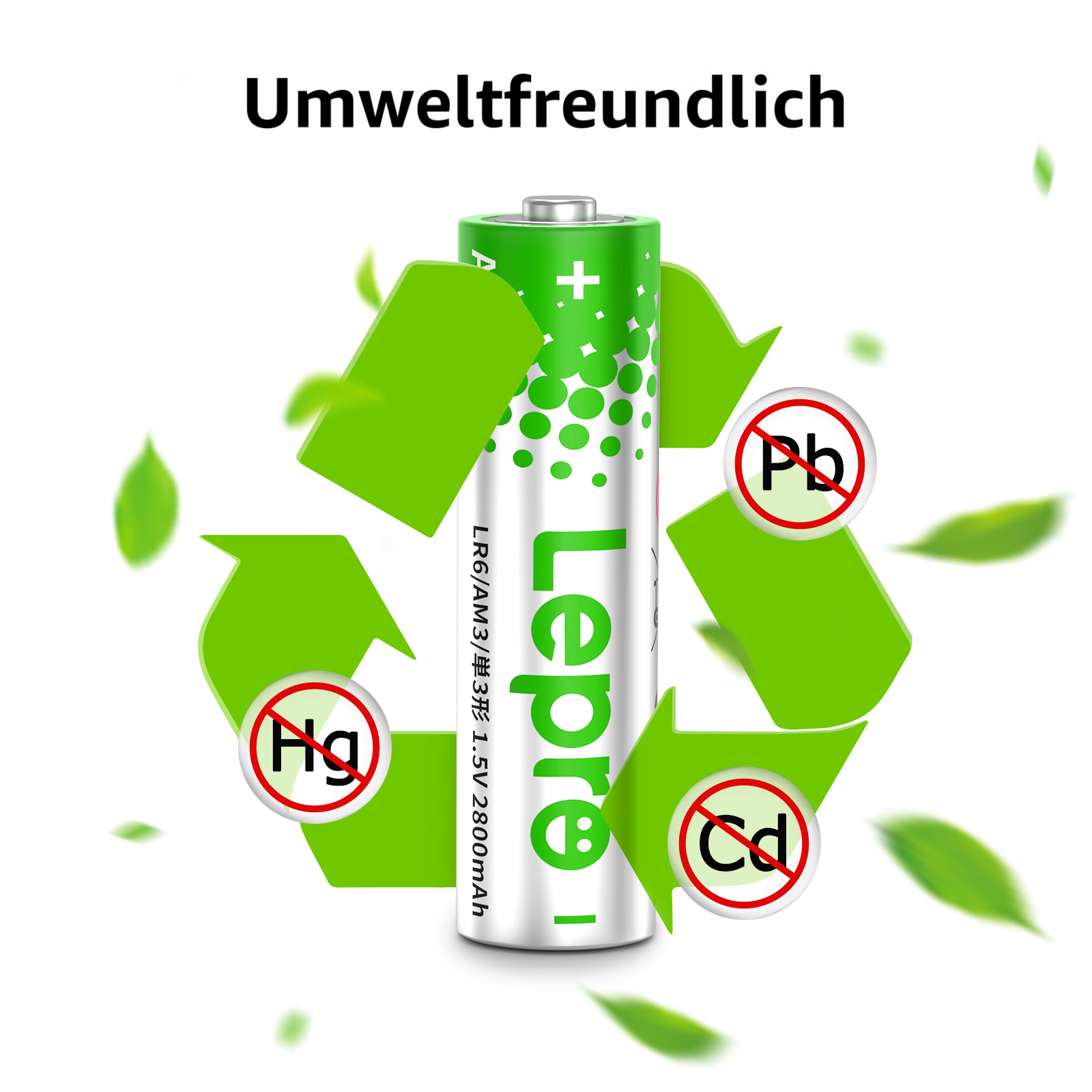 Weiße Batterie mit Recycling-Symbol, grünen Pfeilen und Symbolen für kein Hg, Pb und Cd.