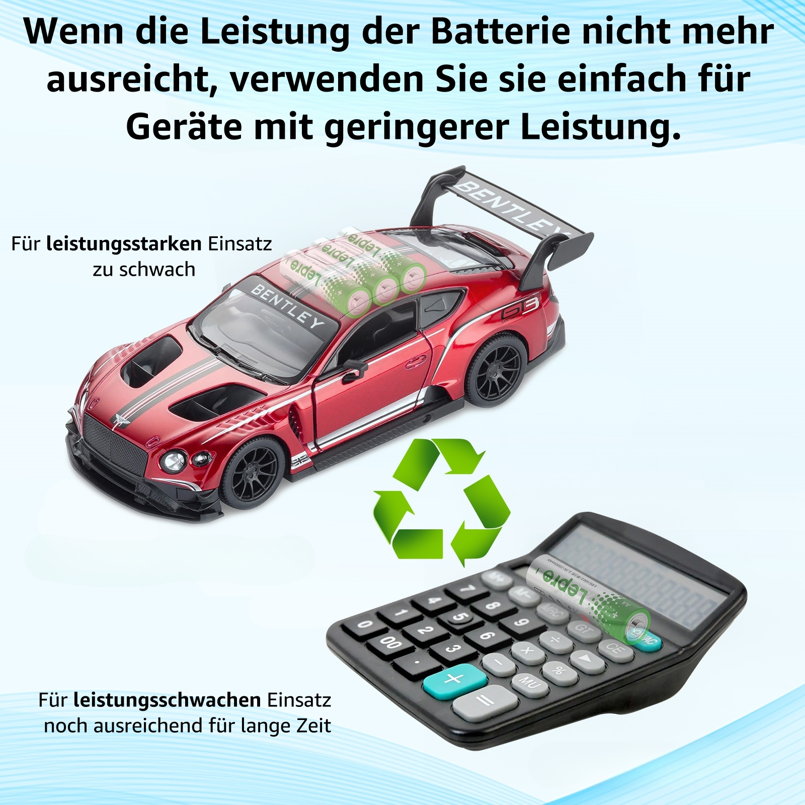 Ein rotes Spielzeugauto und ein Taschenrechner mit Text. Der Text lautet: "Wenn die Leistung der Batterie nicht mehr ausreicht"
