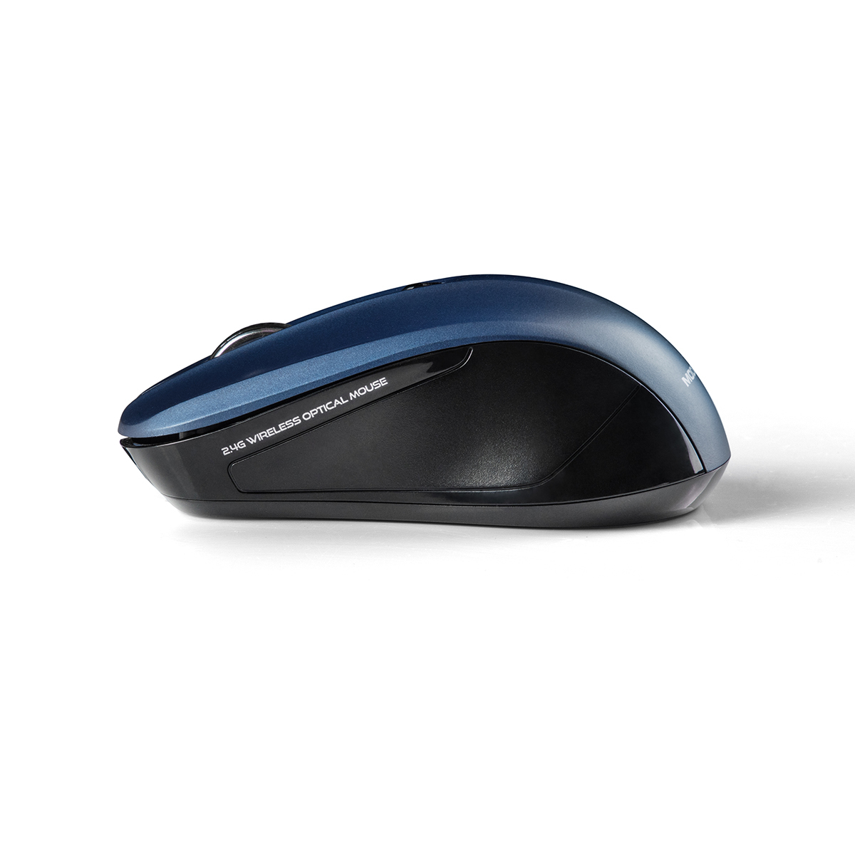 Bezprzewodowa mysz optyczna. Ma niebieską górę i czarny spód. Z boku widnieje napis '2.4G Wireless Optical Mouse'.