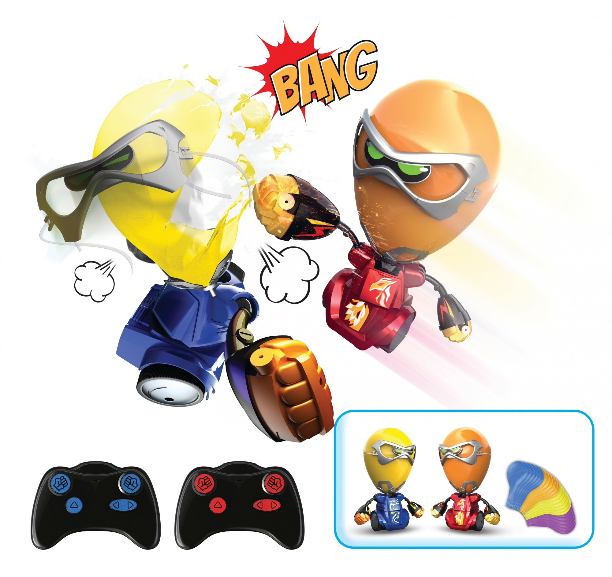 Dwa zabawki-roboty w akcji. Styl komiksowy z tekstem 'BANG!' i kontrolerami.