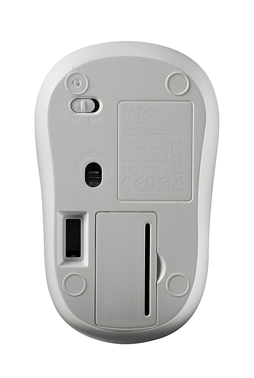 Spód białej myszy bezprzewodowej. Ma włącznik/wyłącznik, komorę baterii.