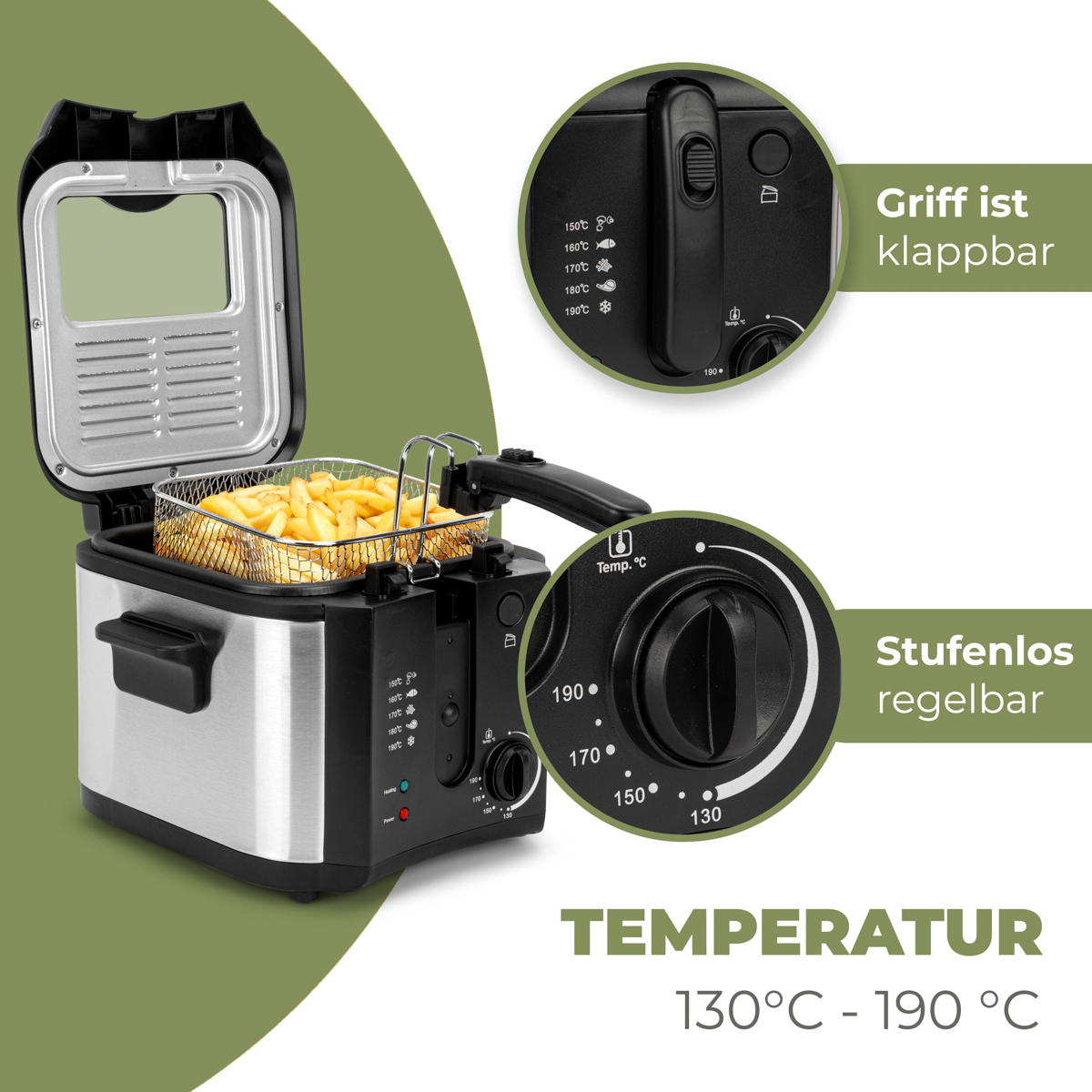 Frytownica z koszem frytek i regulatorami temperatury.