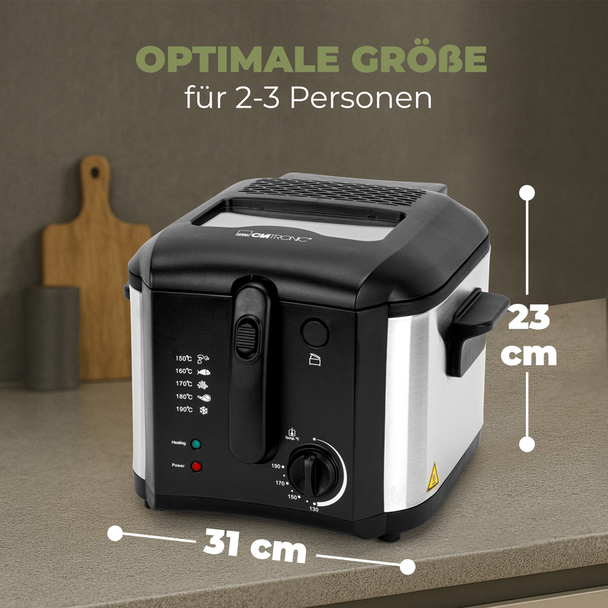 Czarna i srebrna frytownica z wymiarami i ustawieniami temperatury, na blacie kuchennym.