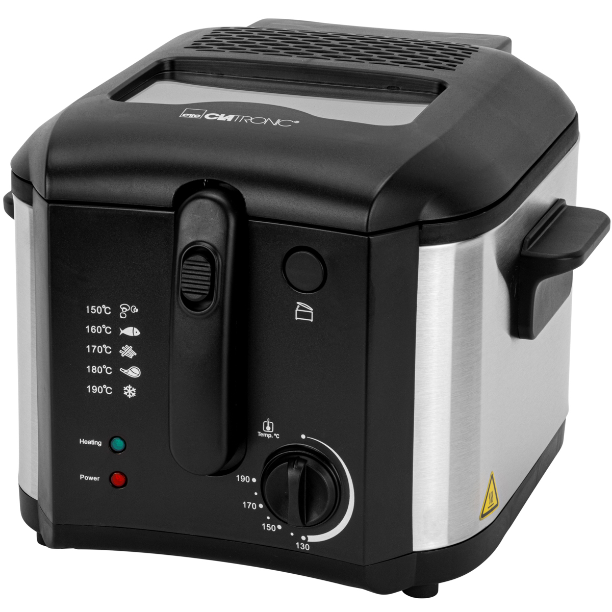 Czarna i srebrna frytkownica. Posiada pokrętło temperatury i kontrolki zasilania i grzania.