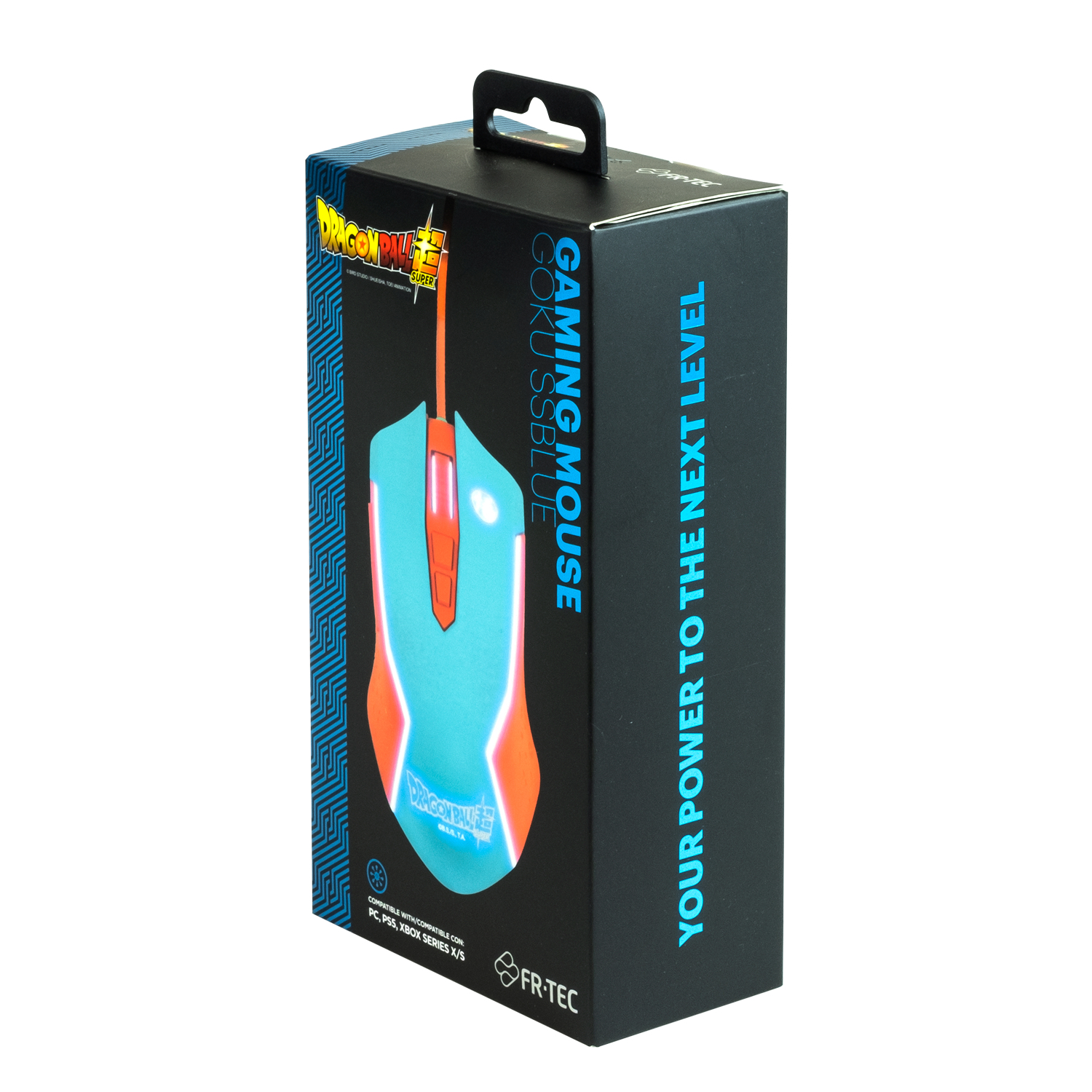 Pudełko na mysz gamingową z niebieskimi i pomarańczowymi elementami.