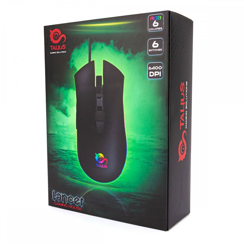 Mouse gaming nero in scatola con sfondo verde e info RGB e DPI.