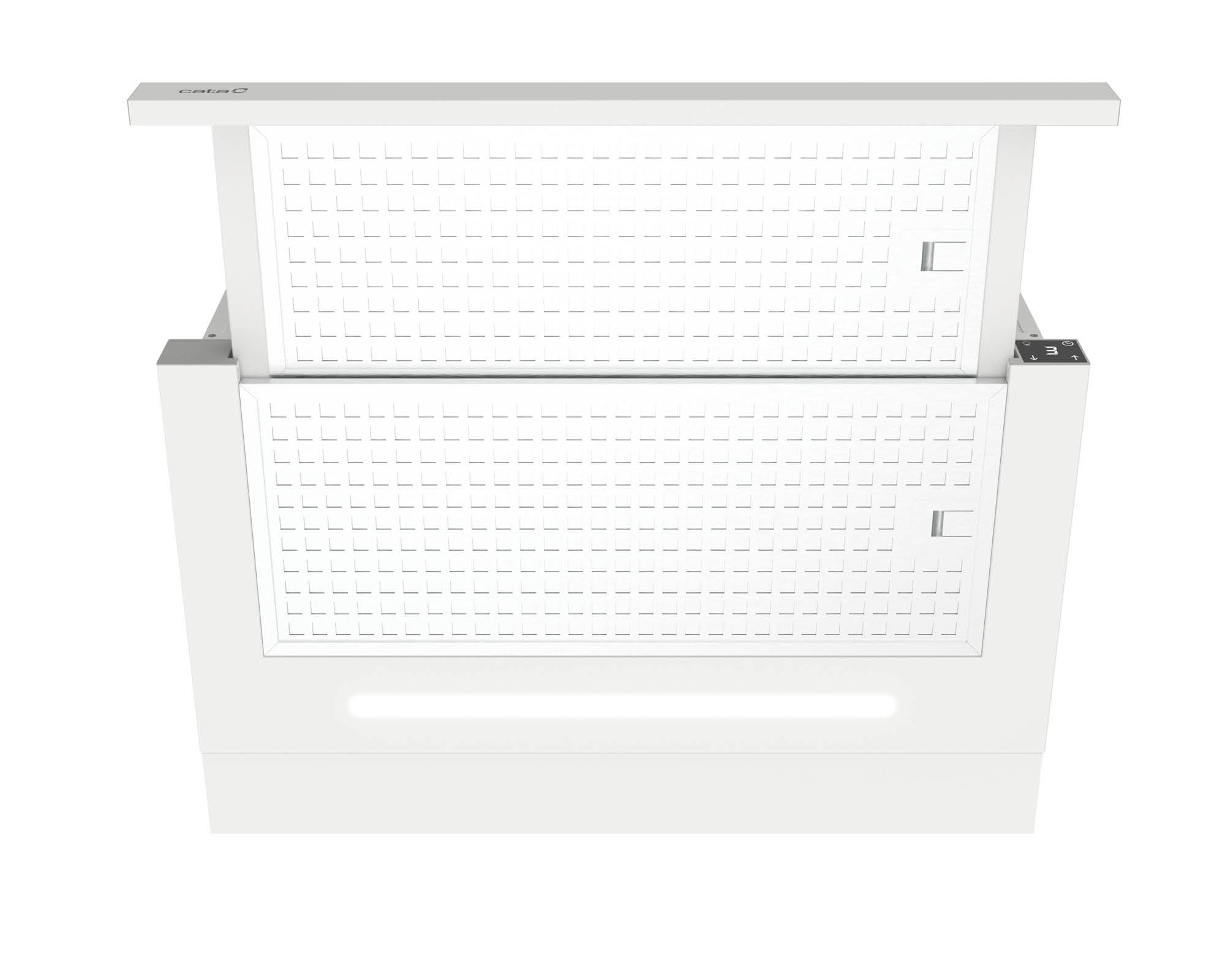 Biały okap kuchenny. Projekt jest prostokątny, z białym wykończeniem i prostokątnym światłem.