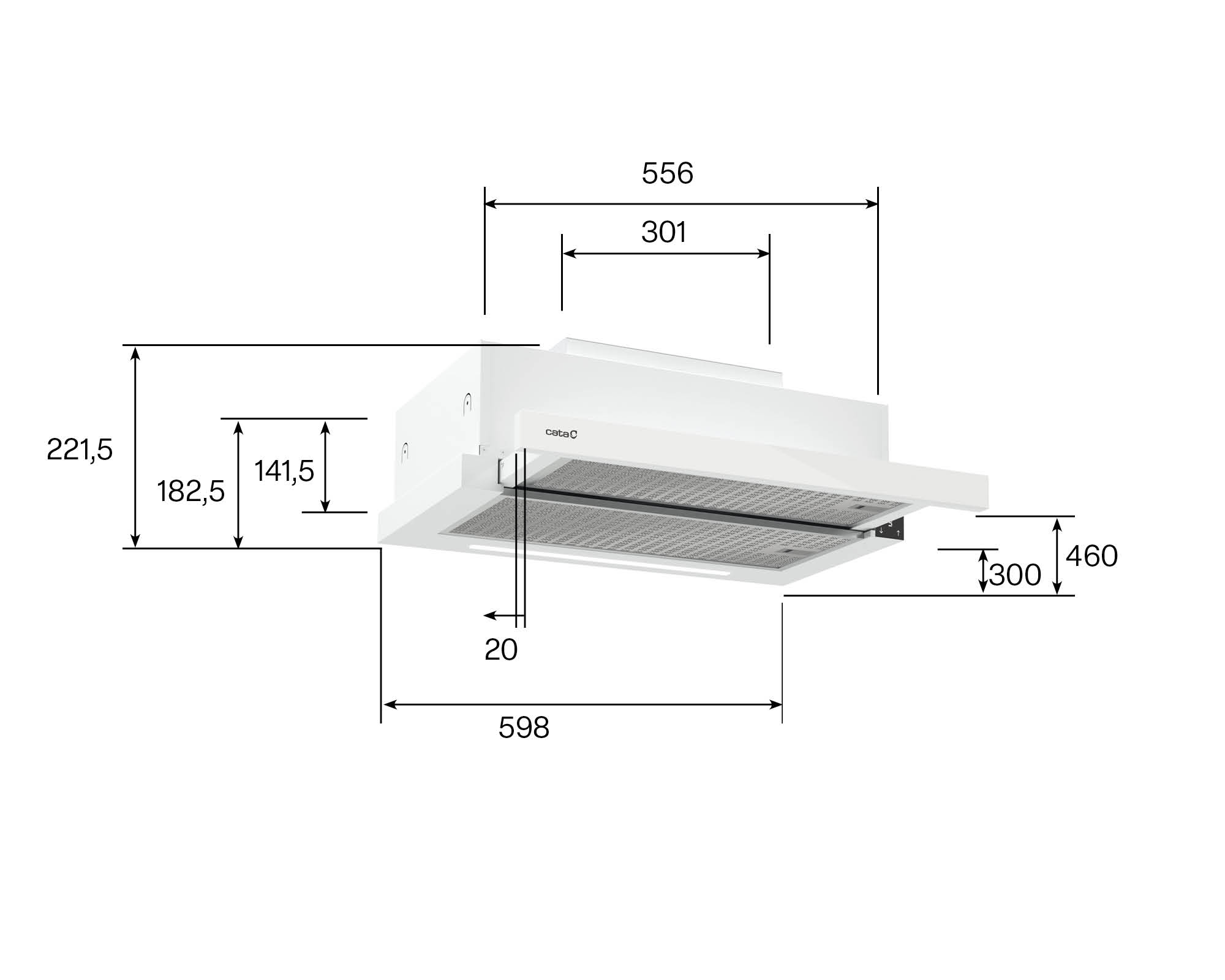 Biały okap z wymiarami na białym tle. Widok z góry i z przodu. Czarny wentylator.