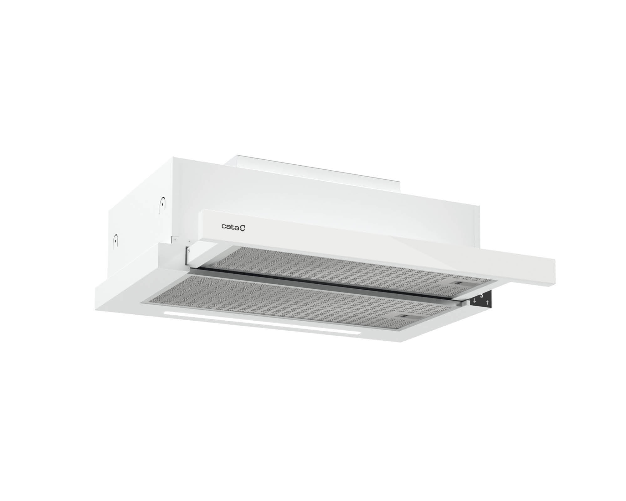 Biały okap kuchenny ze srebrnym filtrem siatkowym.