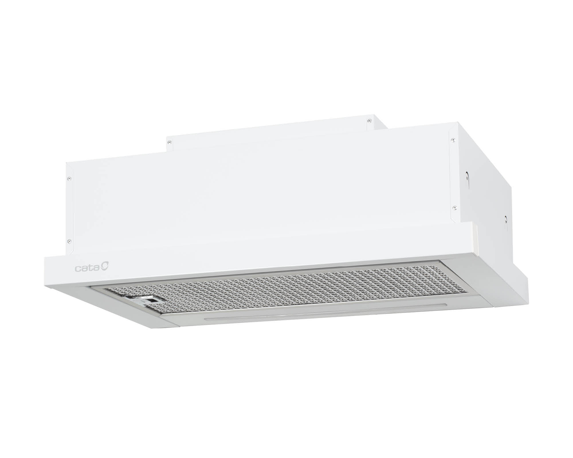 Biały okap kuchenny ze srebrnym filtrem siatkowym. Okap ma markę 'cata'.