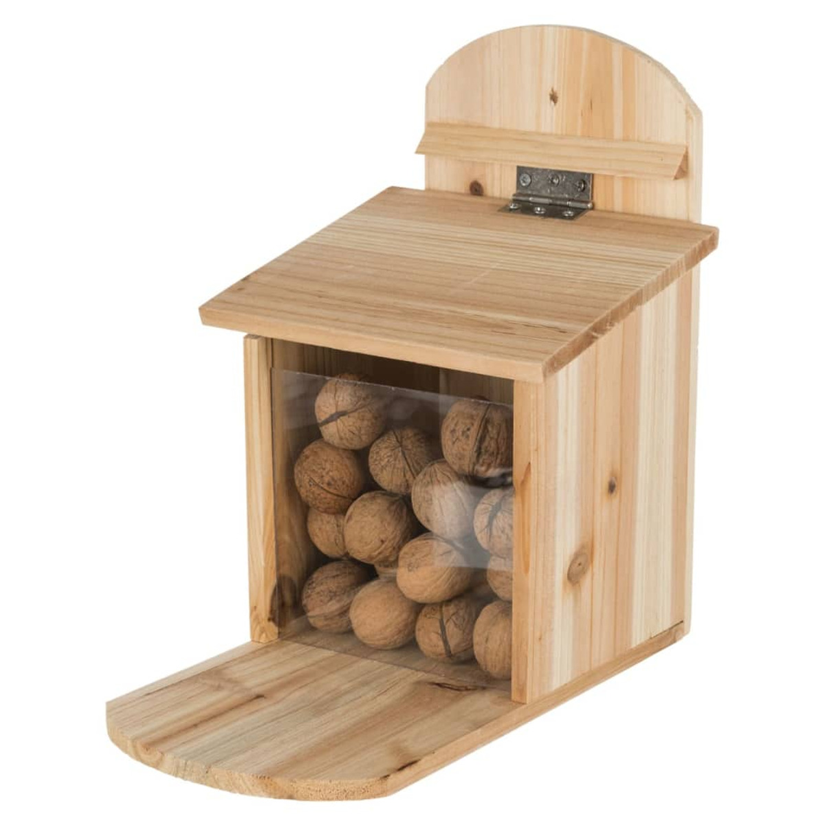 Comedero de ardillas de madera con techo inclinado, lleno de nueces.