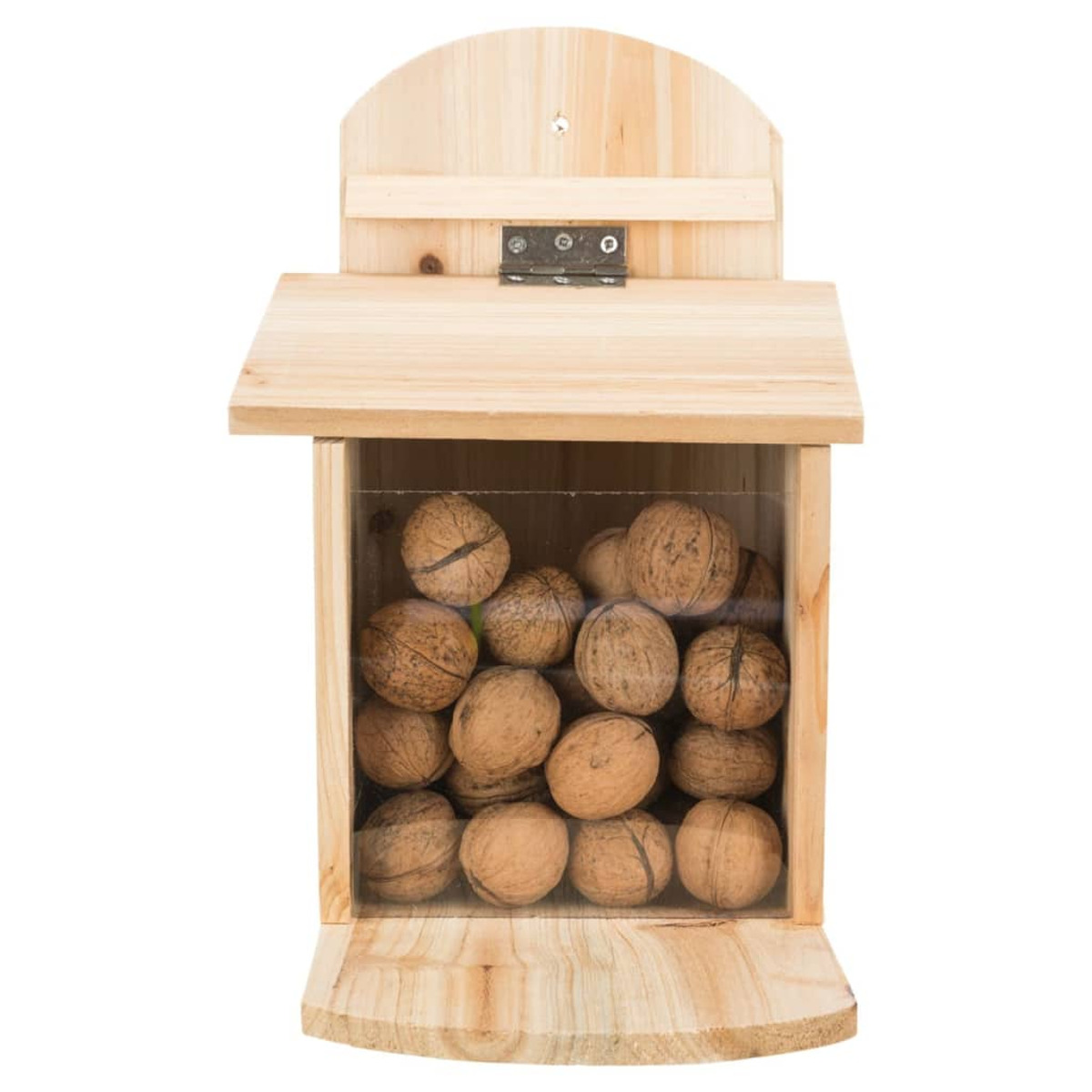 Comedero de ardillas de madera lleno de nueces, parte superior abierta.