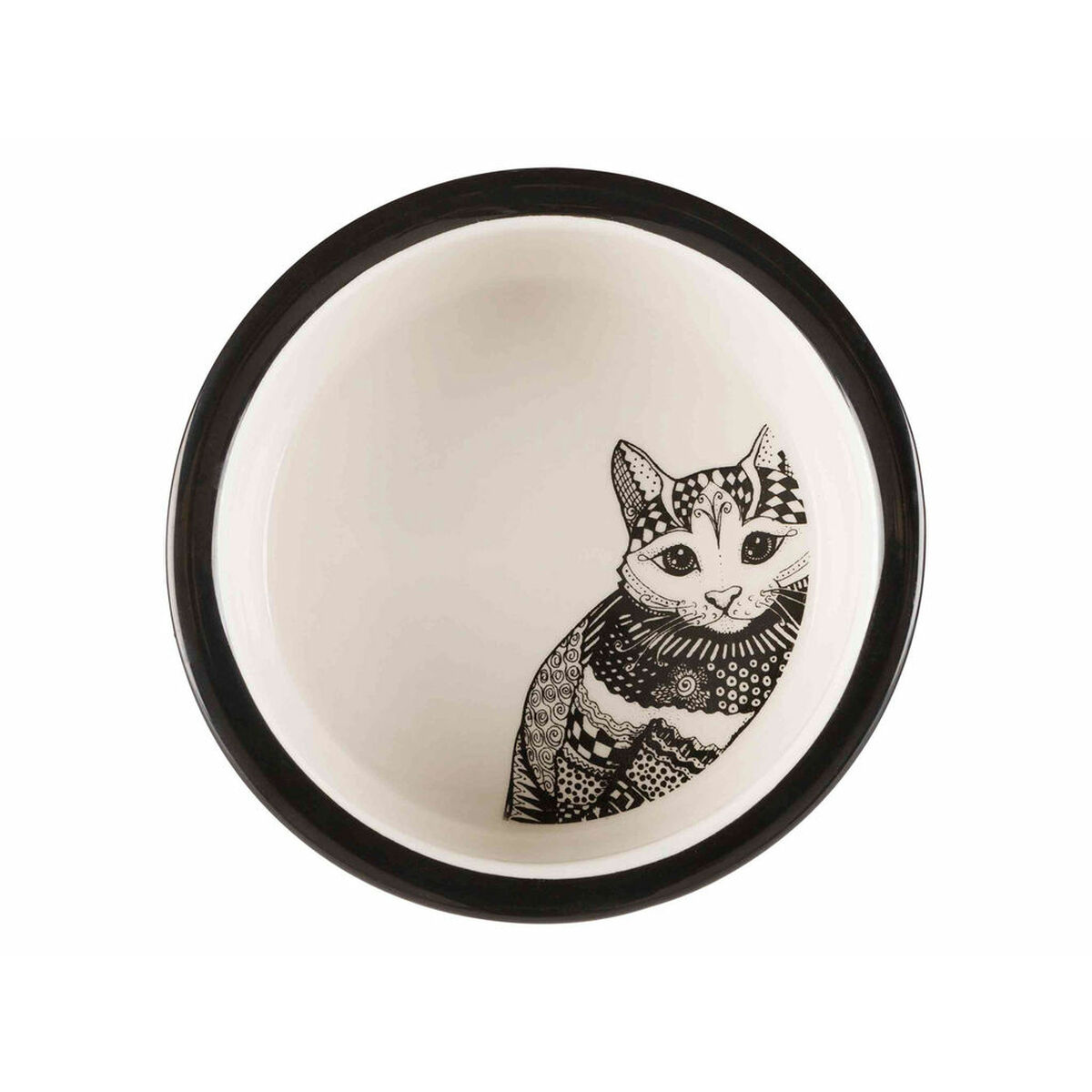 Biała ceramiczna miska z czarną obwódką. Wewnątrz namalowany kot, z wzorami.