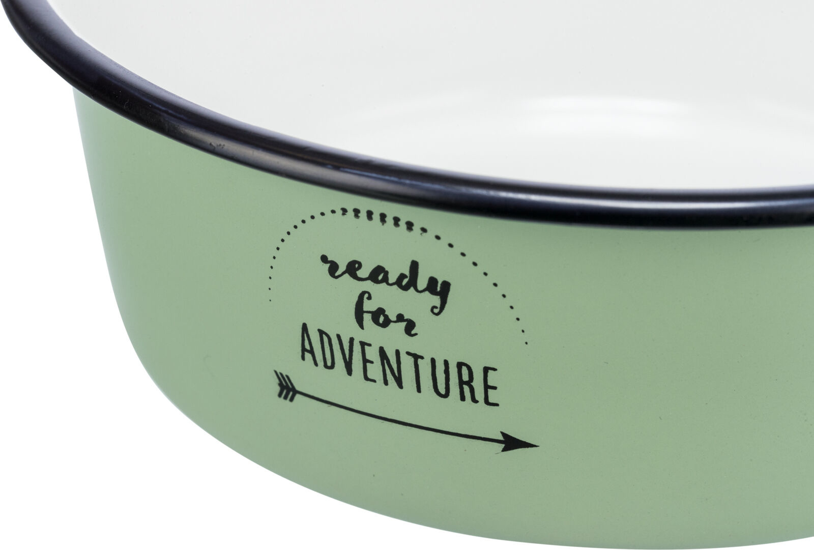 Zielona miska dla zwierząt z napisem "ready for ADVENTURE" i grafiką strzałki.