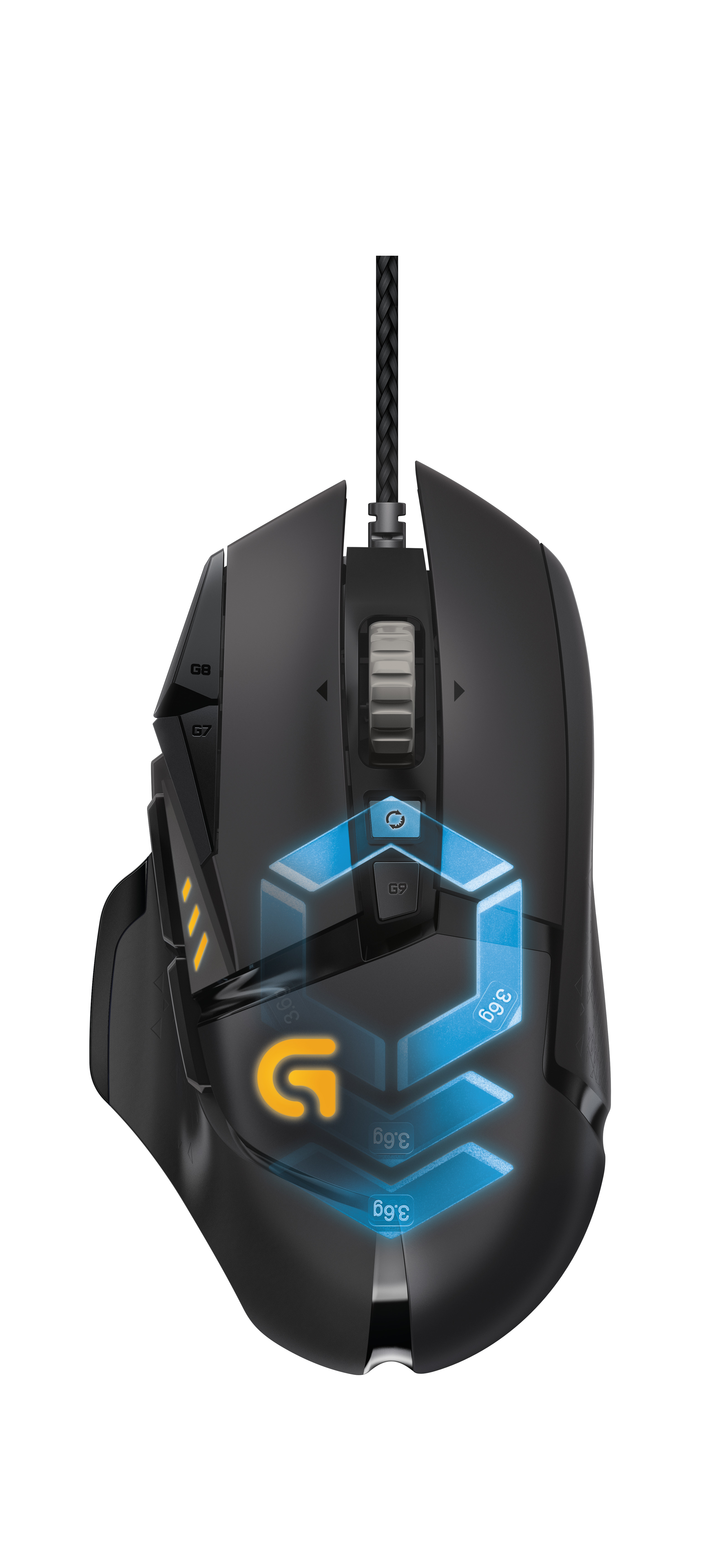 Schwarze Gaming-Maus mit blauen Lichtern und Logo. Seitentasten. Geflochtenes Kabel. Weißer Hg.