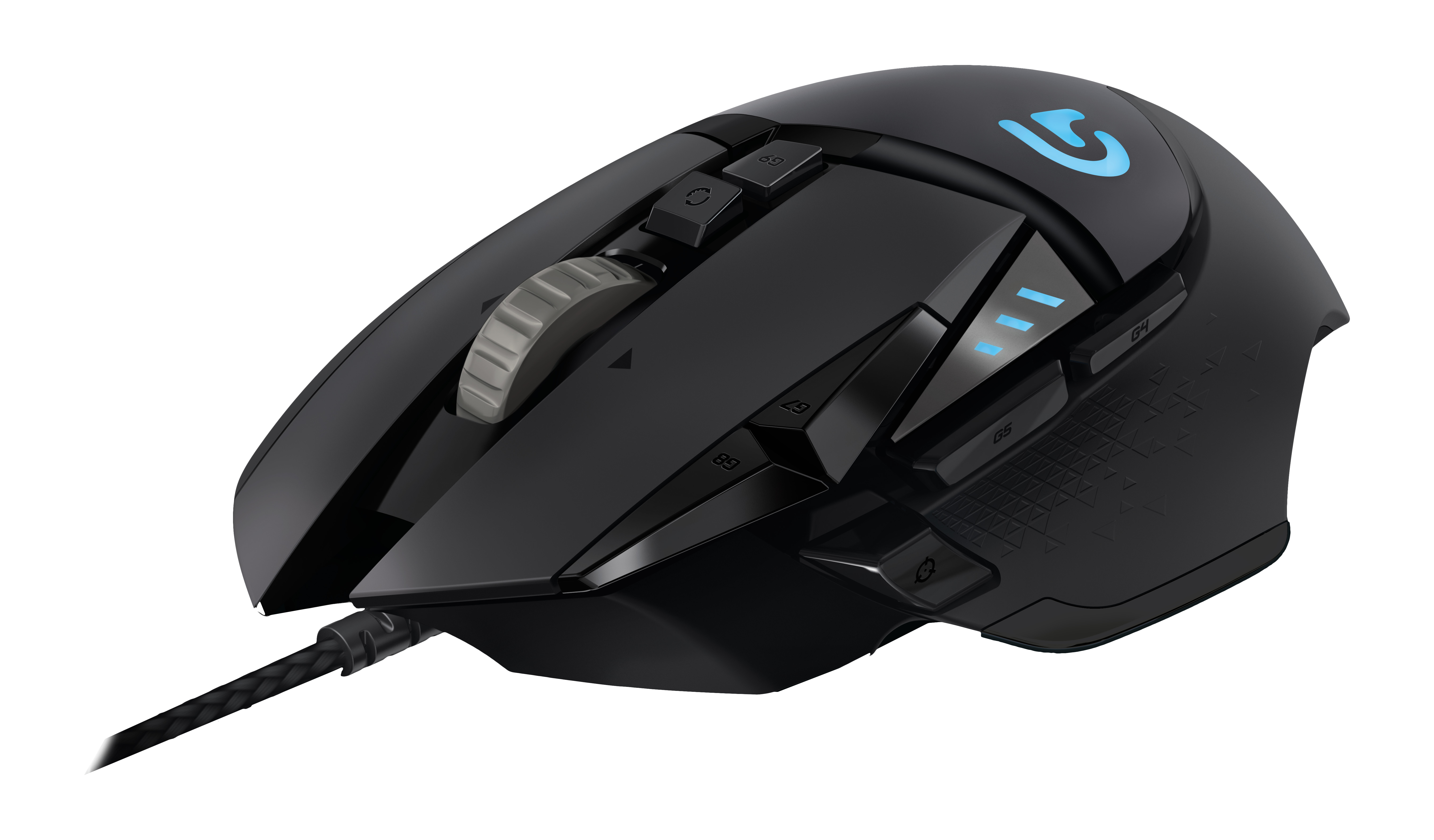 Schwarze Gaming-Maus mit Tasten, Scrollrad und Logo auf weißem Hintergrund.