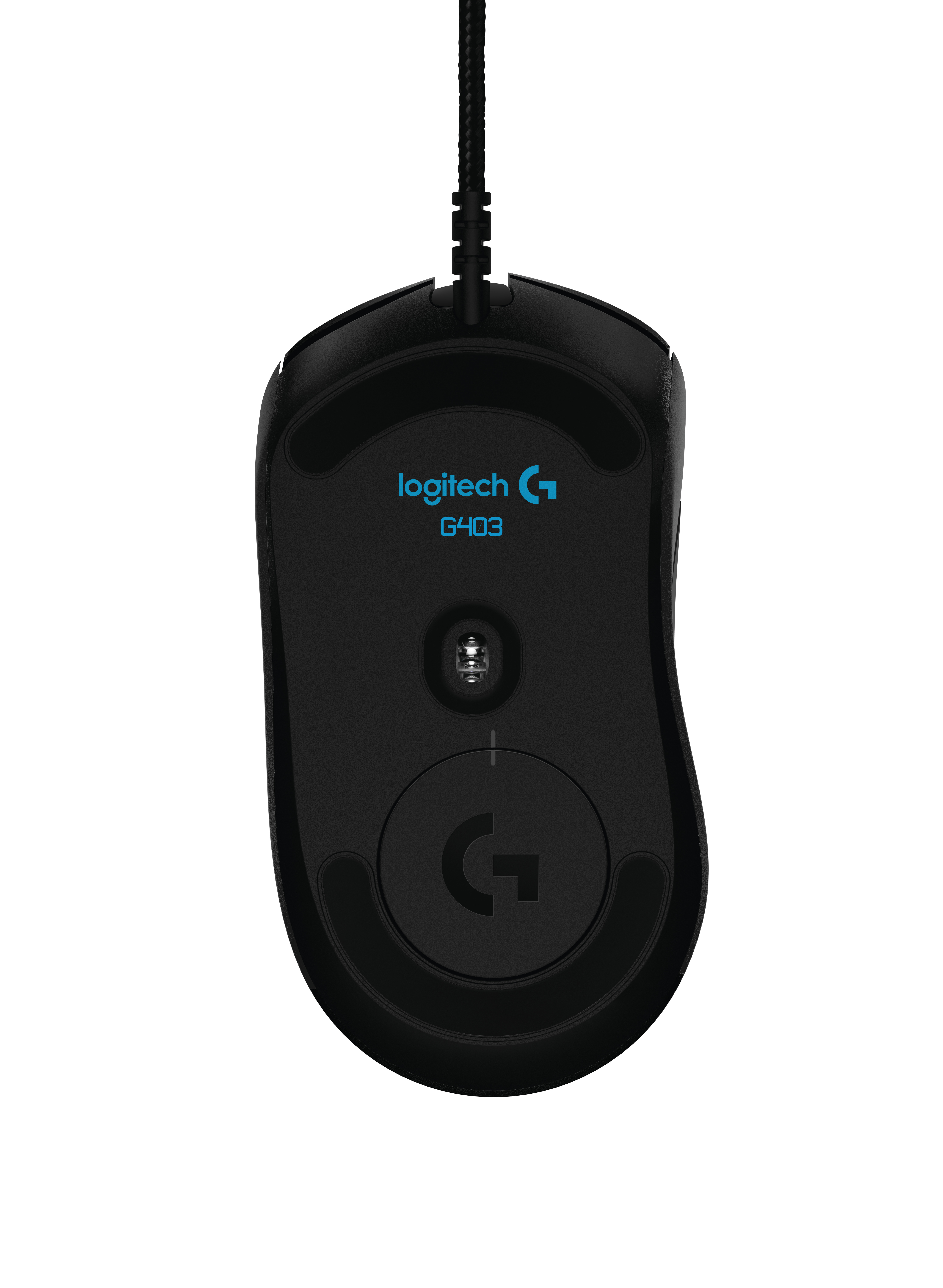 Czarna mysz gamingowa Logitech G403, z logo i nazwą modelu widoczną na spodzie.