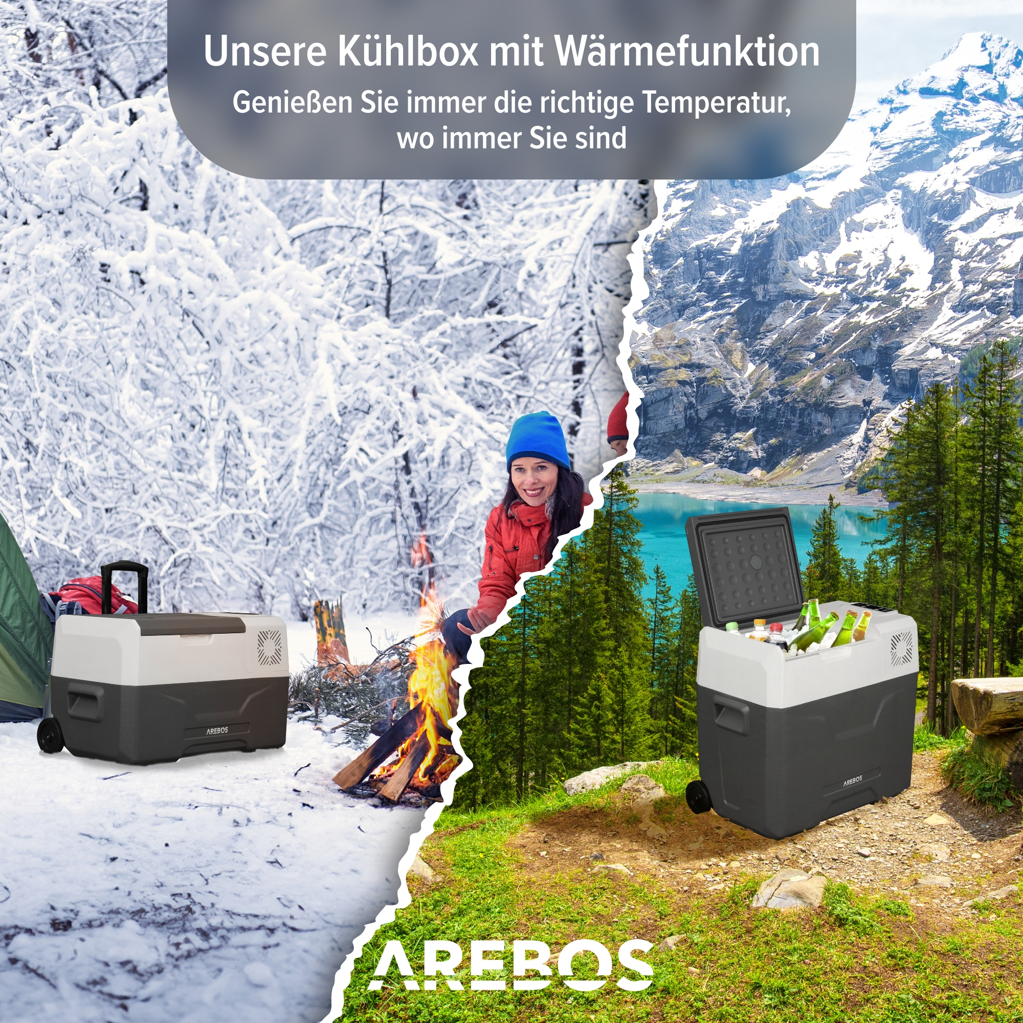 Bild zeigt eine Kühlbox im Schnee- und Sommermilieu mit einer Person, Text auf Deutsch.