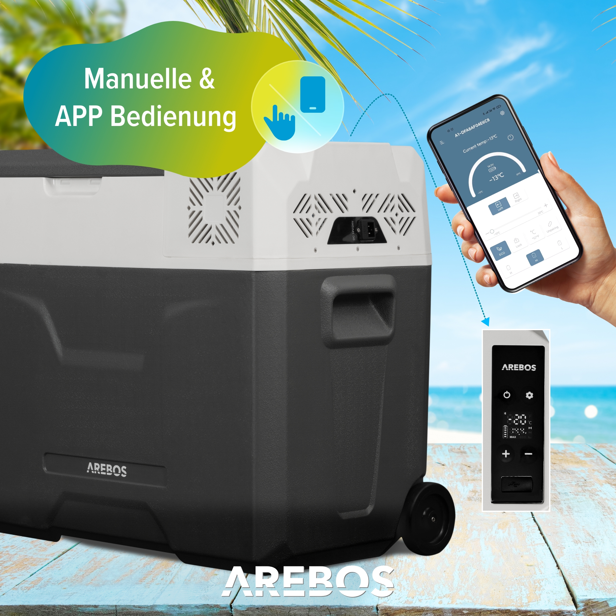 Tragbarer Kühlschrank mit Bedienfeld und Telefonbildschirm mit App-Oberfläche.