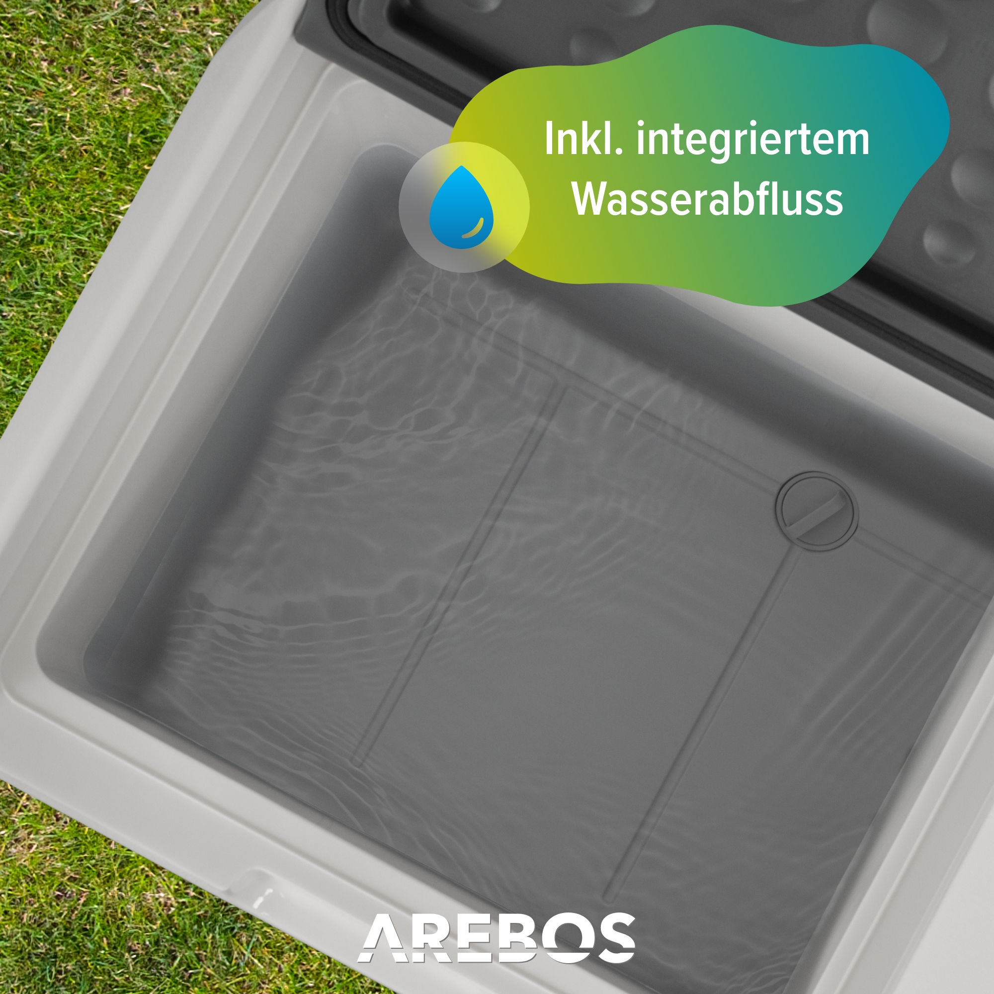 Draufsicht auf einen weißen und grauen Behälter mit Wasser. Text: Inkl. integriertem Wasserablauf.
