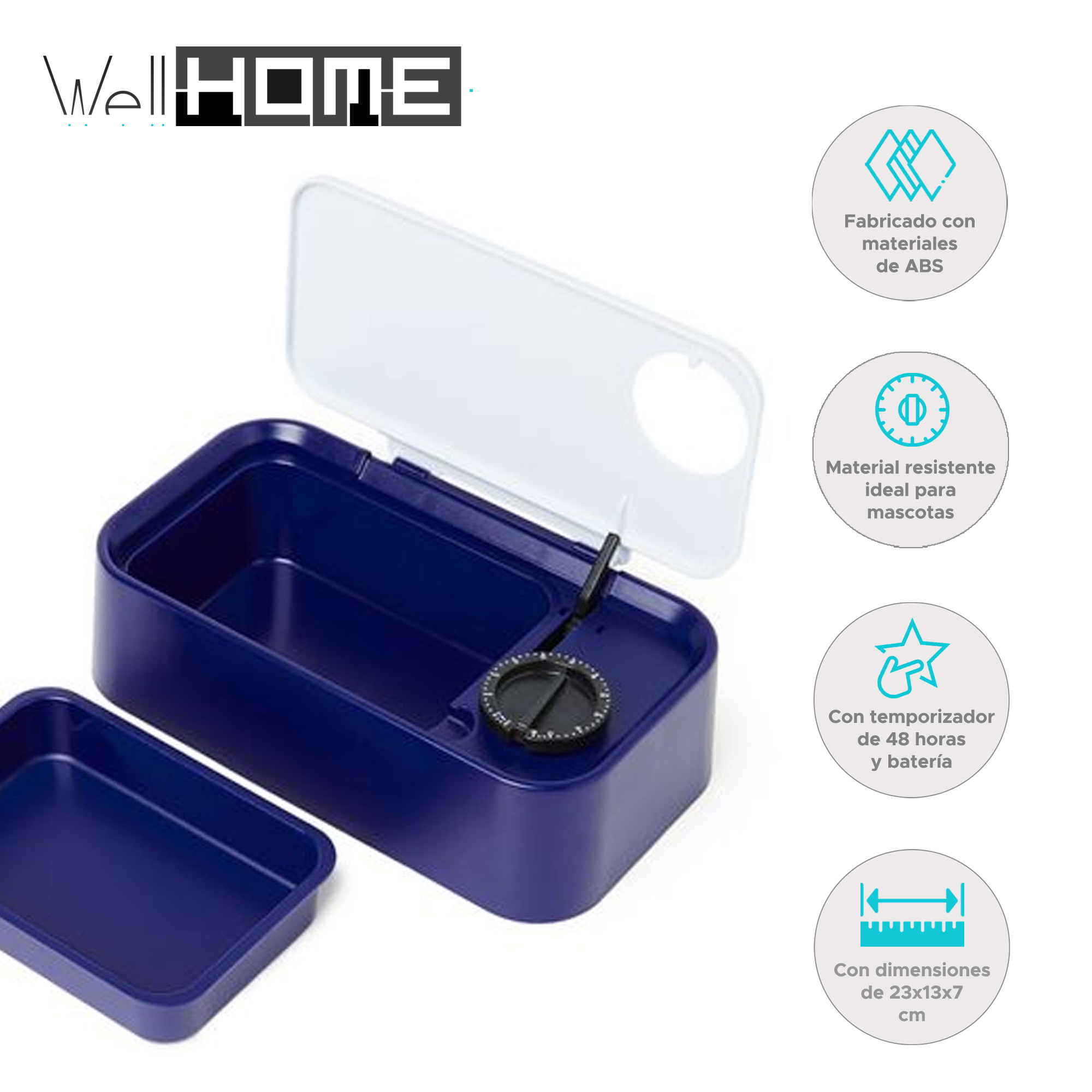 Un contenedor azul para comida de mascotas con tapa blanca. Está rodeado de iconos y texto.