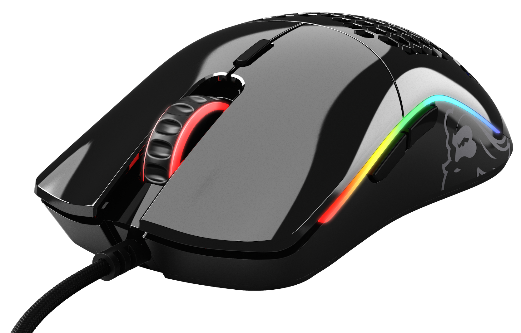 Zwarte gamingmuis met oplichtend scrollwiel, zijknoppen en logo met baard.